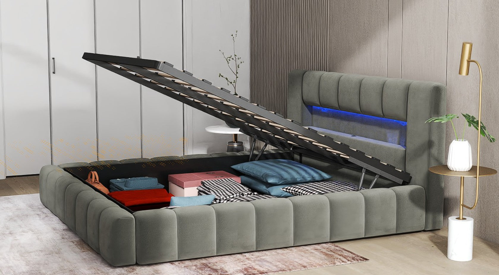 Pat dormitor dumonde, tapitat gri cu LED si USB, Palermo 160x200 cm, somiera rabatabila inclusa, spatiu depozitare WLS