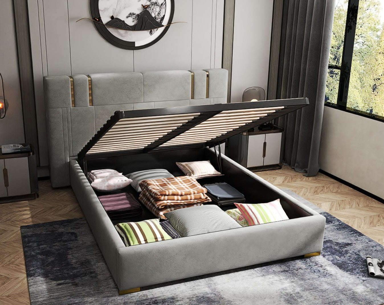 Pat dormitor dumonde, tapitat gri, Hamburg 180x200 cm, somiera rabatabila inclusa, spatiu depozitare WLS