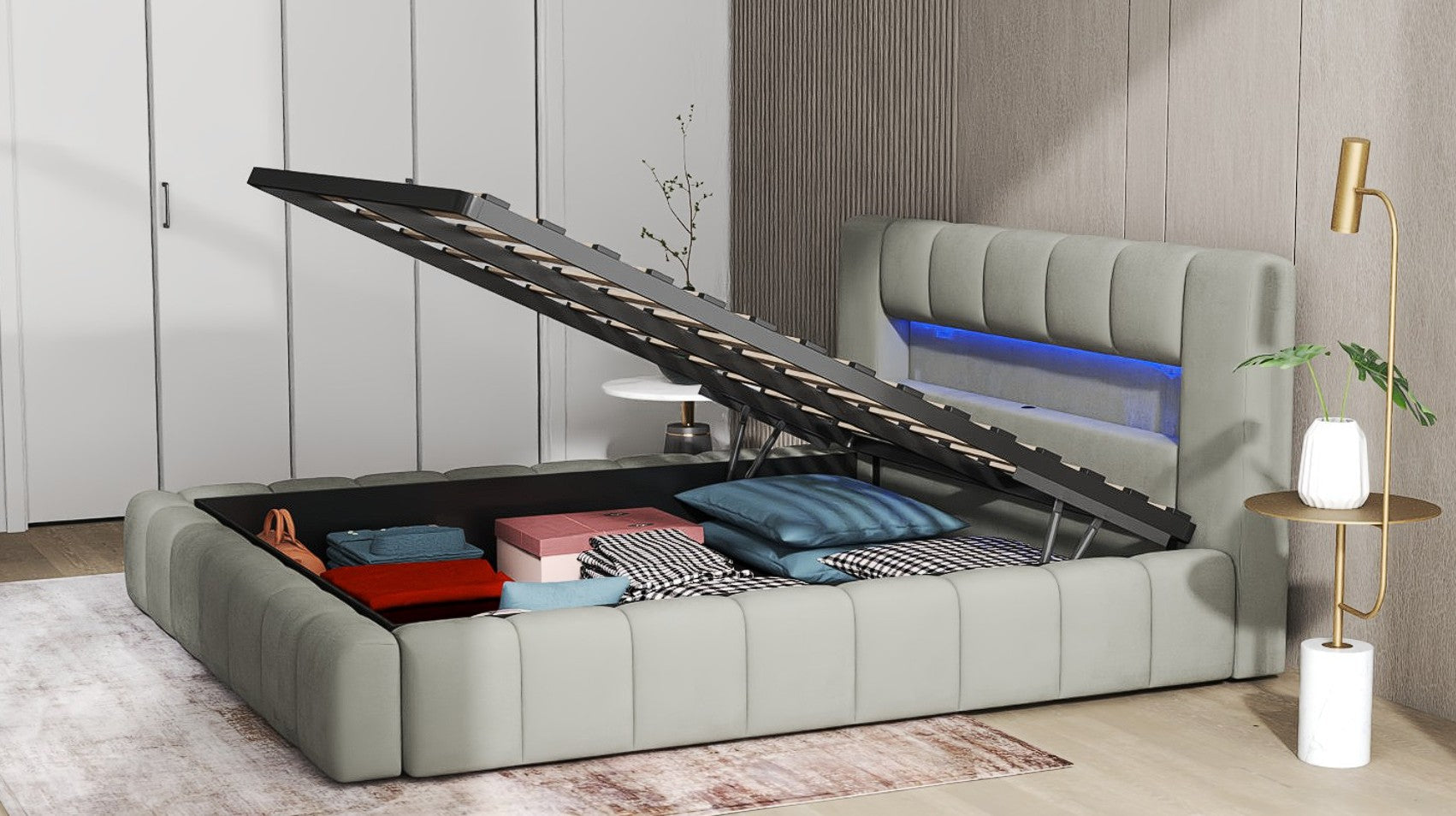 Pat dormitor dumonde, tapitat gri cu LED si USB, Palermo 140x200 cm, somiera rabatabila inclusa, spatiu depozitare WLS