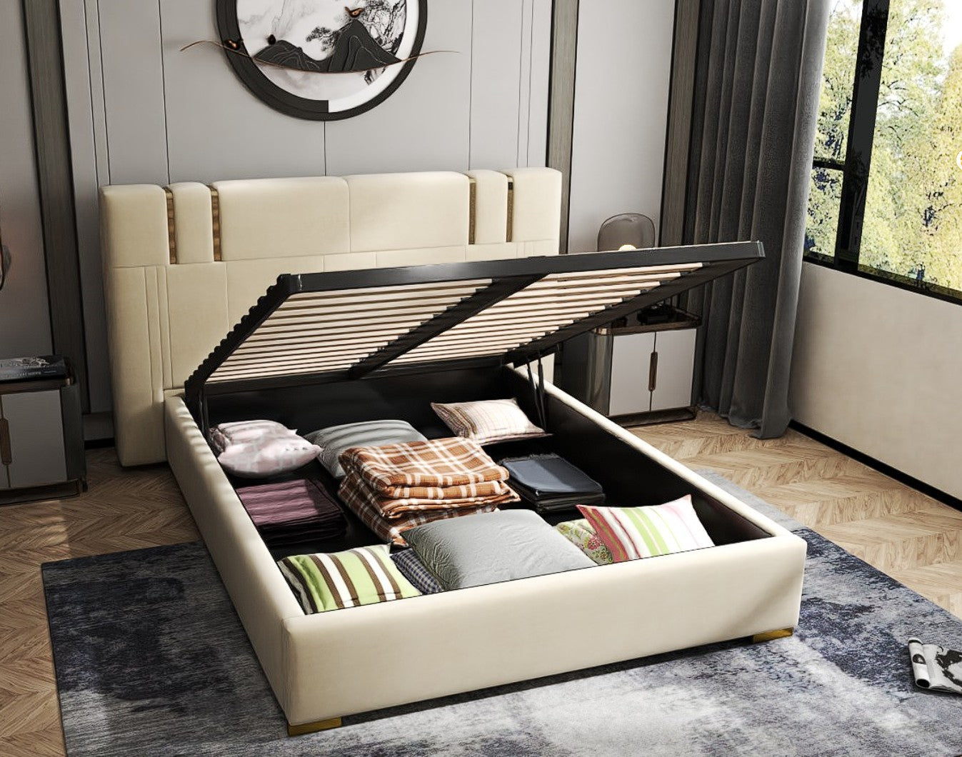 Pat dormitor dumonde, tapitat bej, Hamburg 160x200 cm, somiera rabatabila inclusa, spatiu depozitare WLS