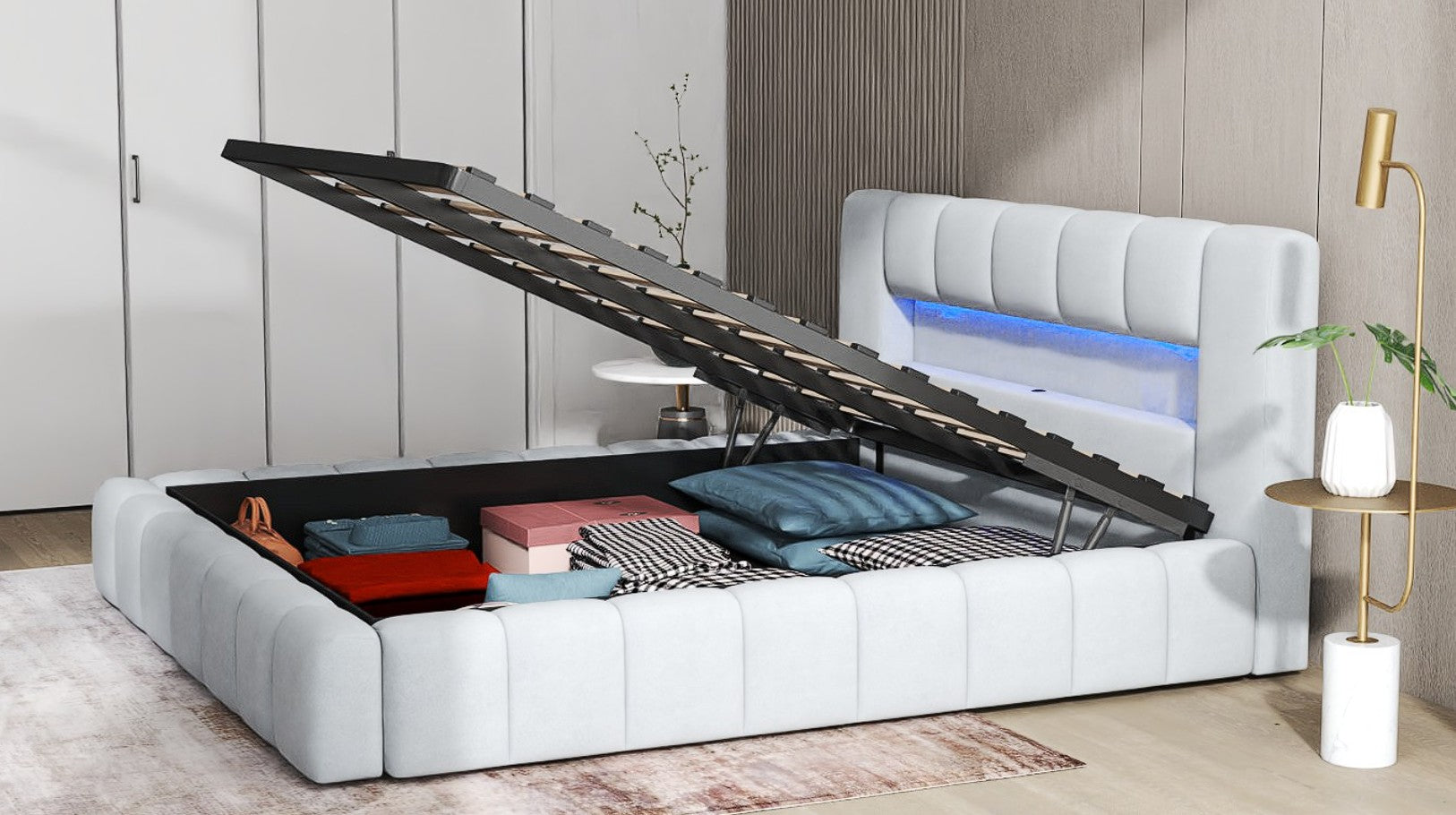 Pat dormitor dumonde, tapitat bej cu LED si USB, Palermo 160x200 cm, somiera rabatabila inclusa, spatiu depozitare WLS