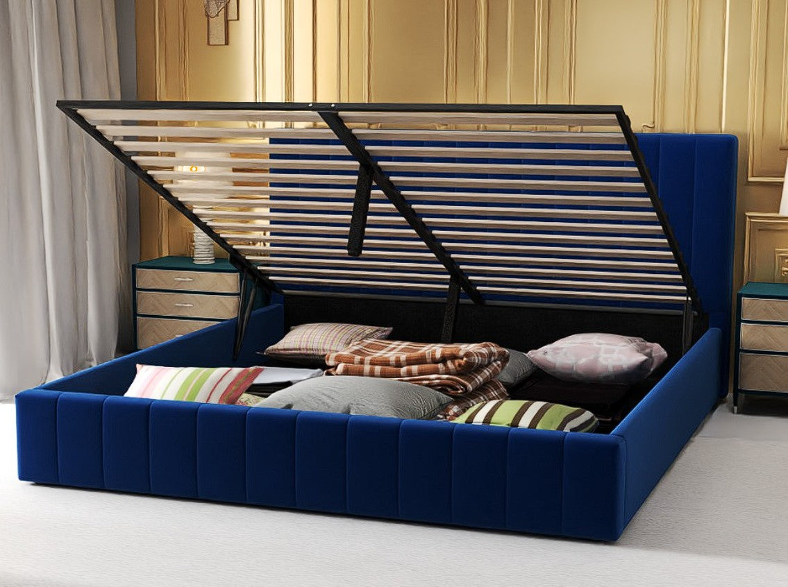 Pat dormitor dumonde, tapitat albastru, Gloria 160x200 cm, somiera rabatabila inclusa, spatiu depozitare WLS