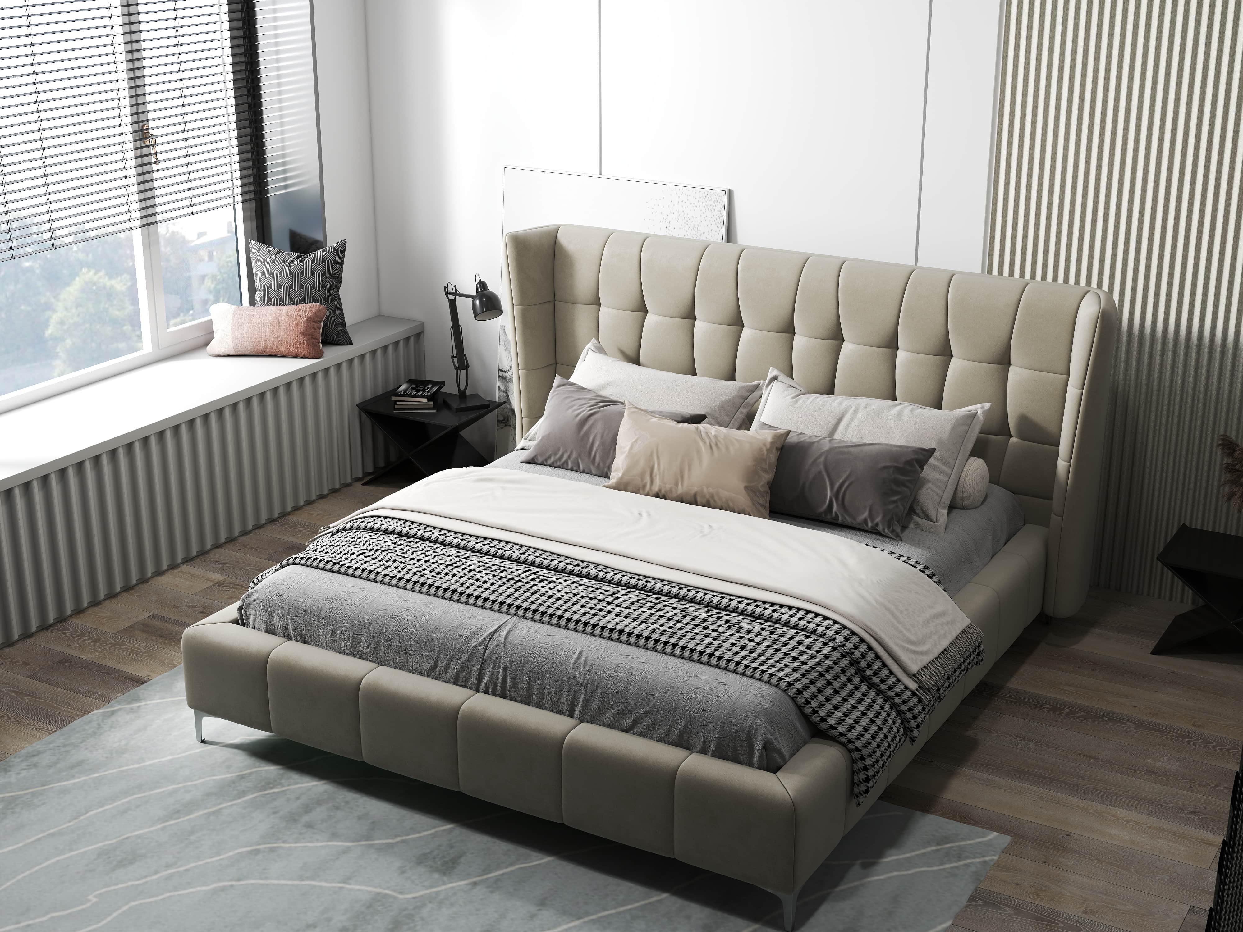 Pat dormitor dumonde, tapitat bej, Bellagio 180x200 cm, somiera fixa inclusa WLS