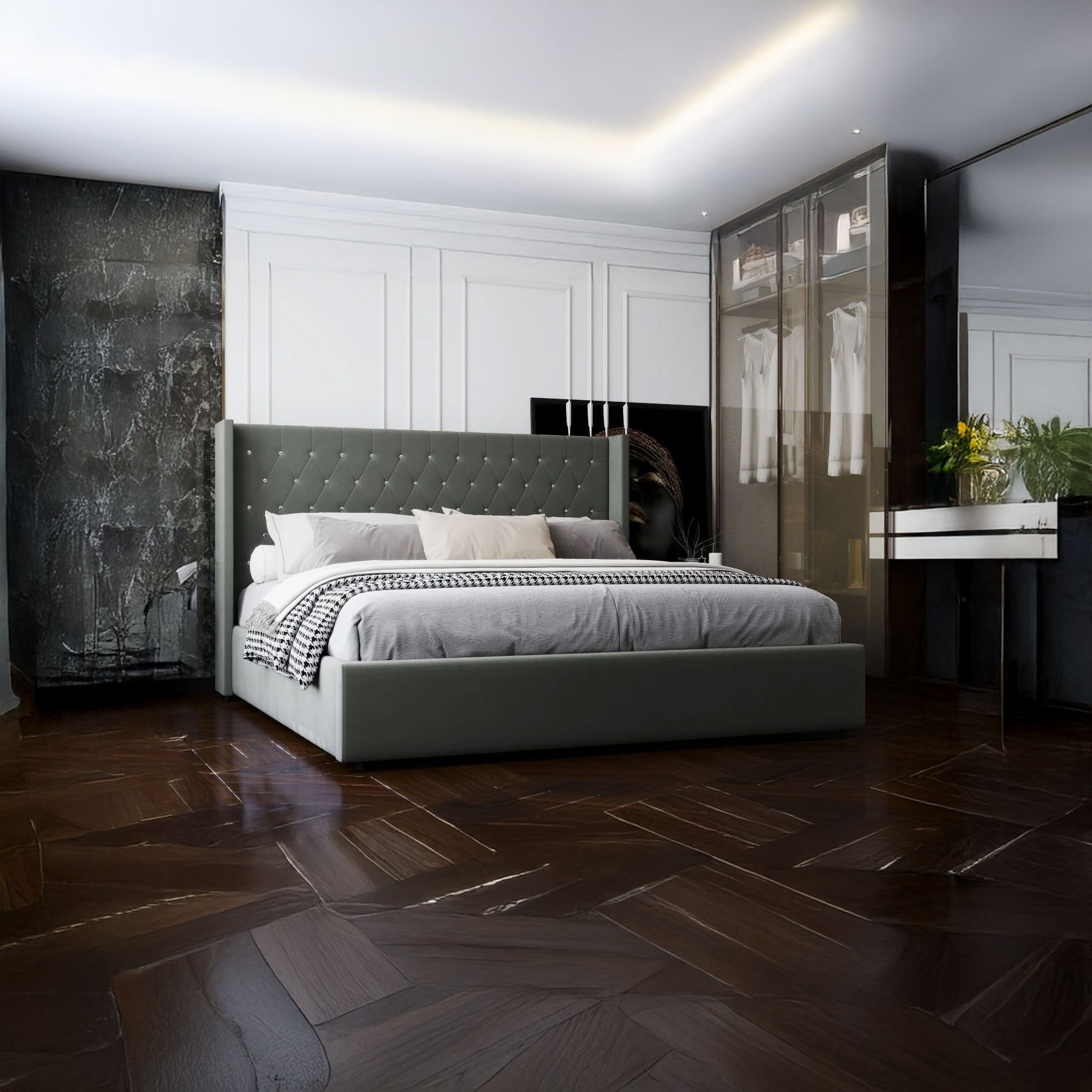 Pat dormitor dumonde, tapitat gri, Venice 180x200 cm, somiera rabatabila inclusa, spatiu depozitare WLS