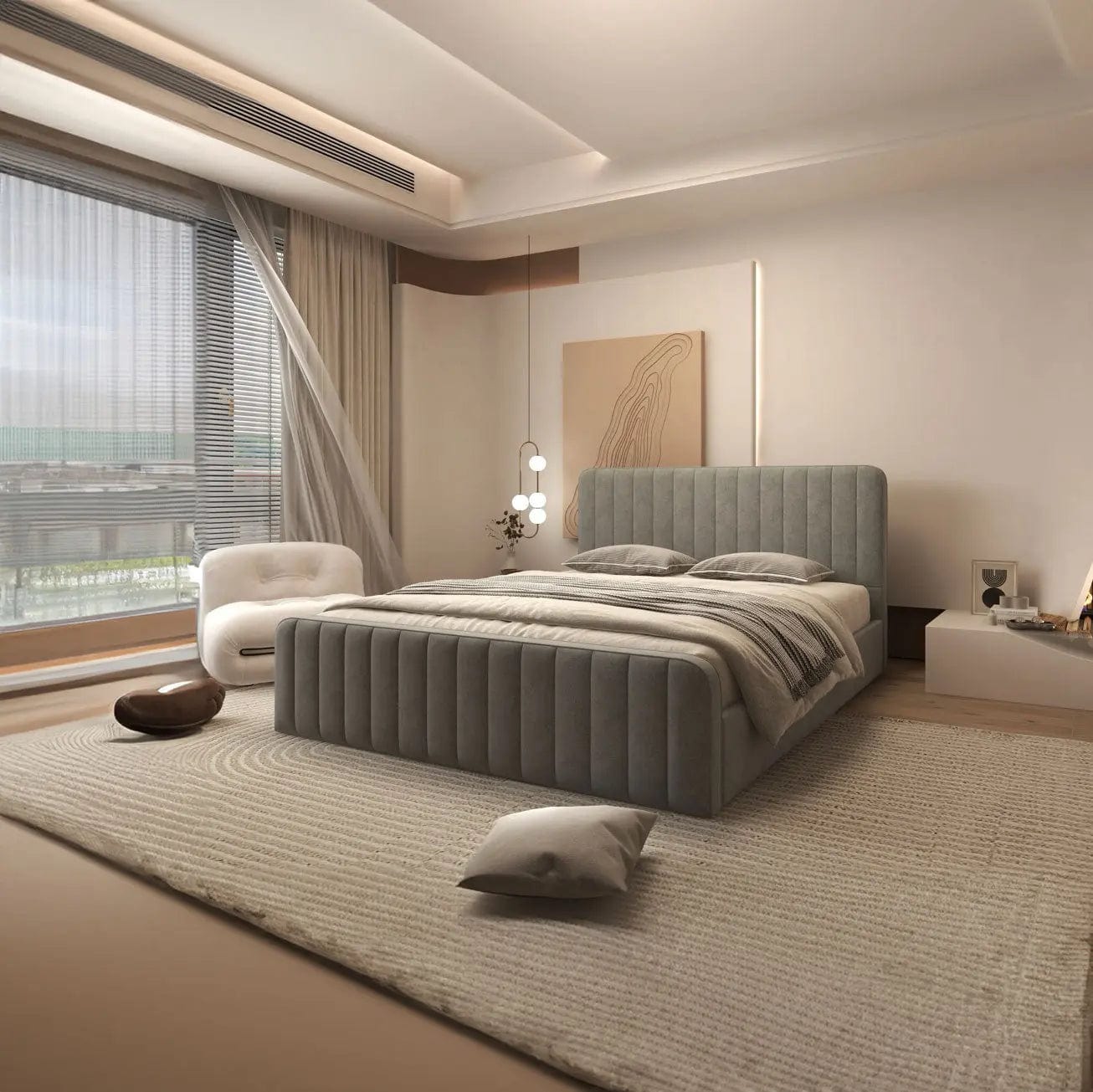 Pat dormitor dumonde, tapitat gri, Loft 160x200 cm, somiera rabatabila inclusa, spatiu depozitare