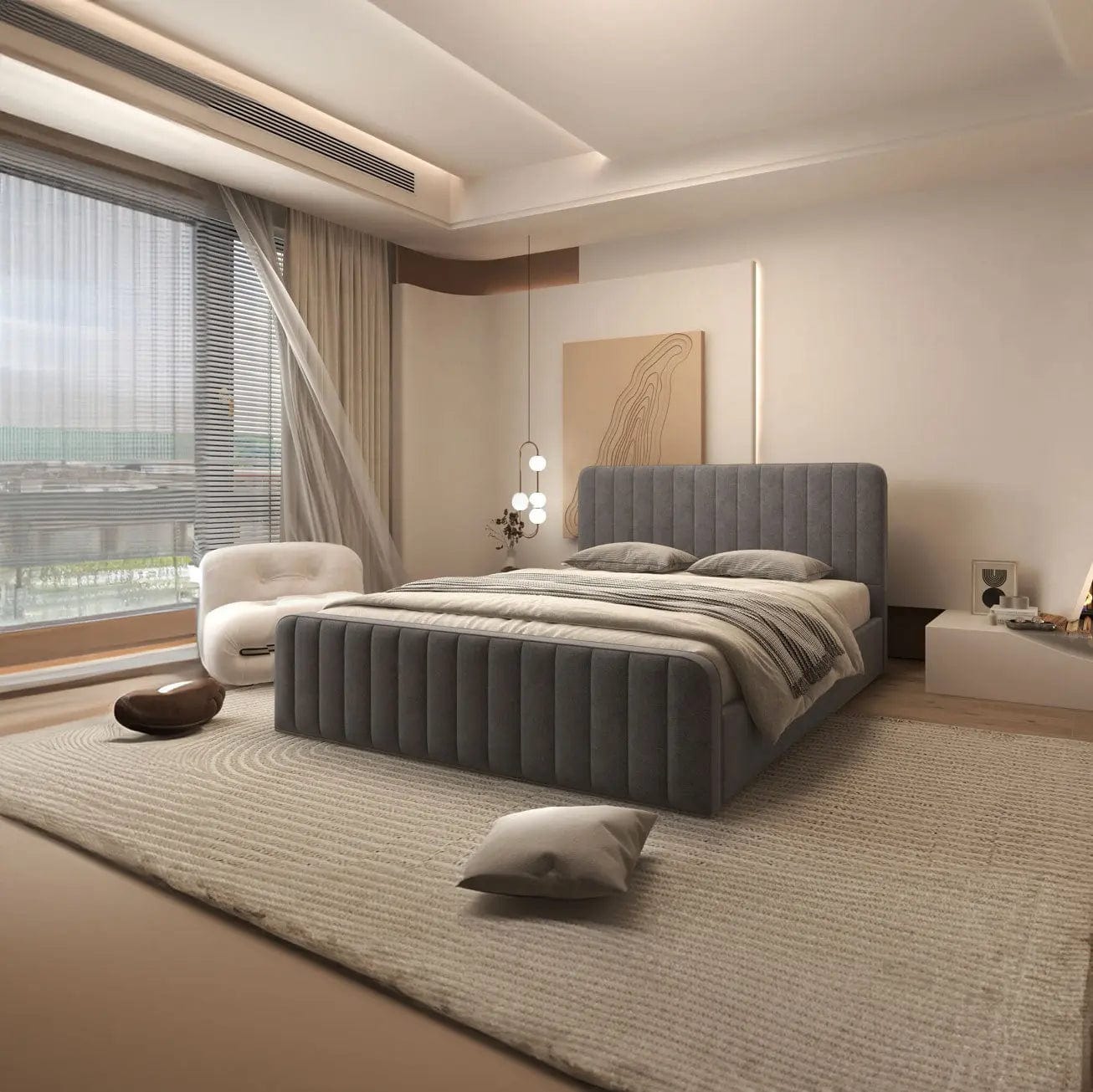 Pat dormitor dumonde, tapitat gri, Loft 180x200 cm, somiera rabatabila inclusa, spatiu depozitare