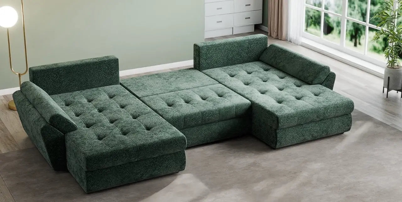 Colțar extensibil dumonde cu ladă de depozitare si sezut confortabil din spuma HR, Loana U Euphoria Green 355x185 cm Fabrica