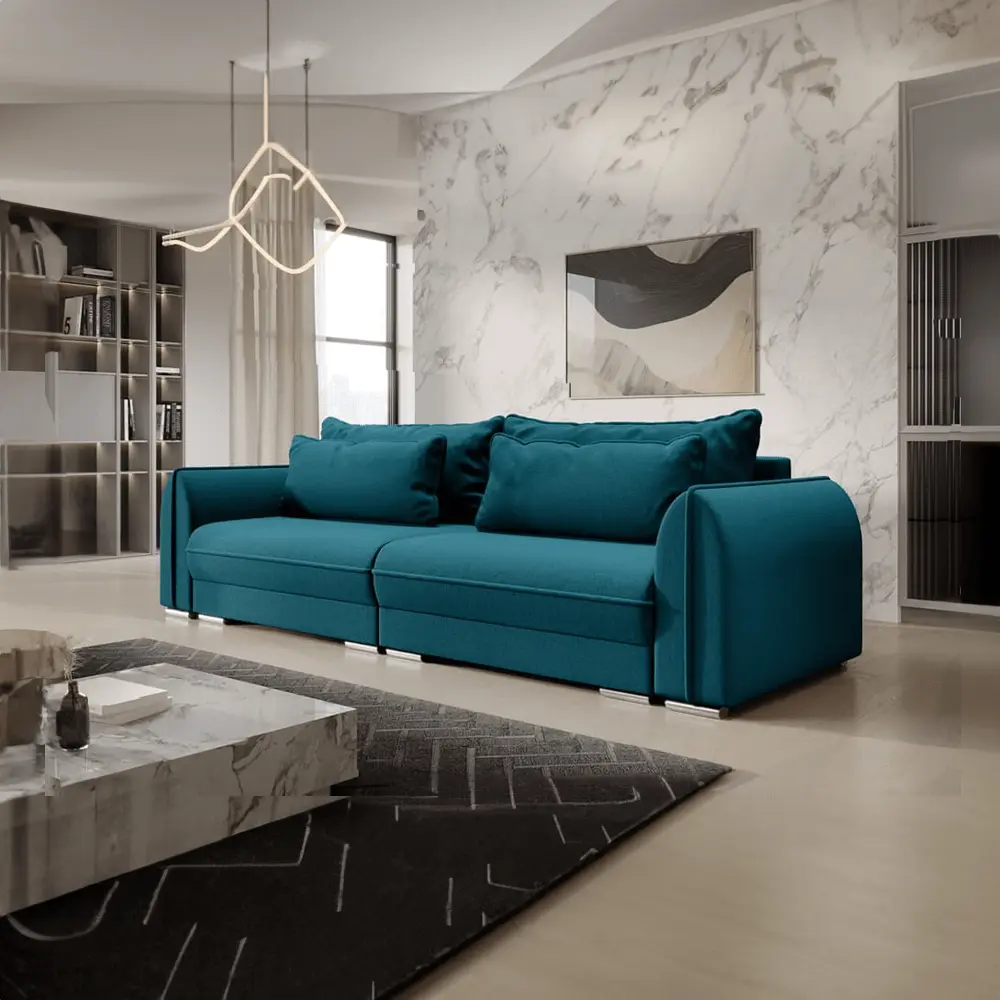 Canapea extensibilă dumonde cu ladă de depozitare si sezut confortabil din spuma HR, Denver Enjoy Petrol 300x100 cm Fabrica