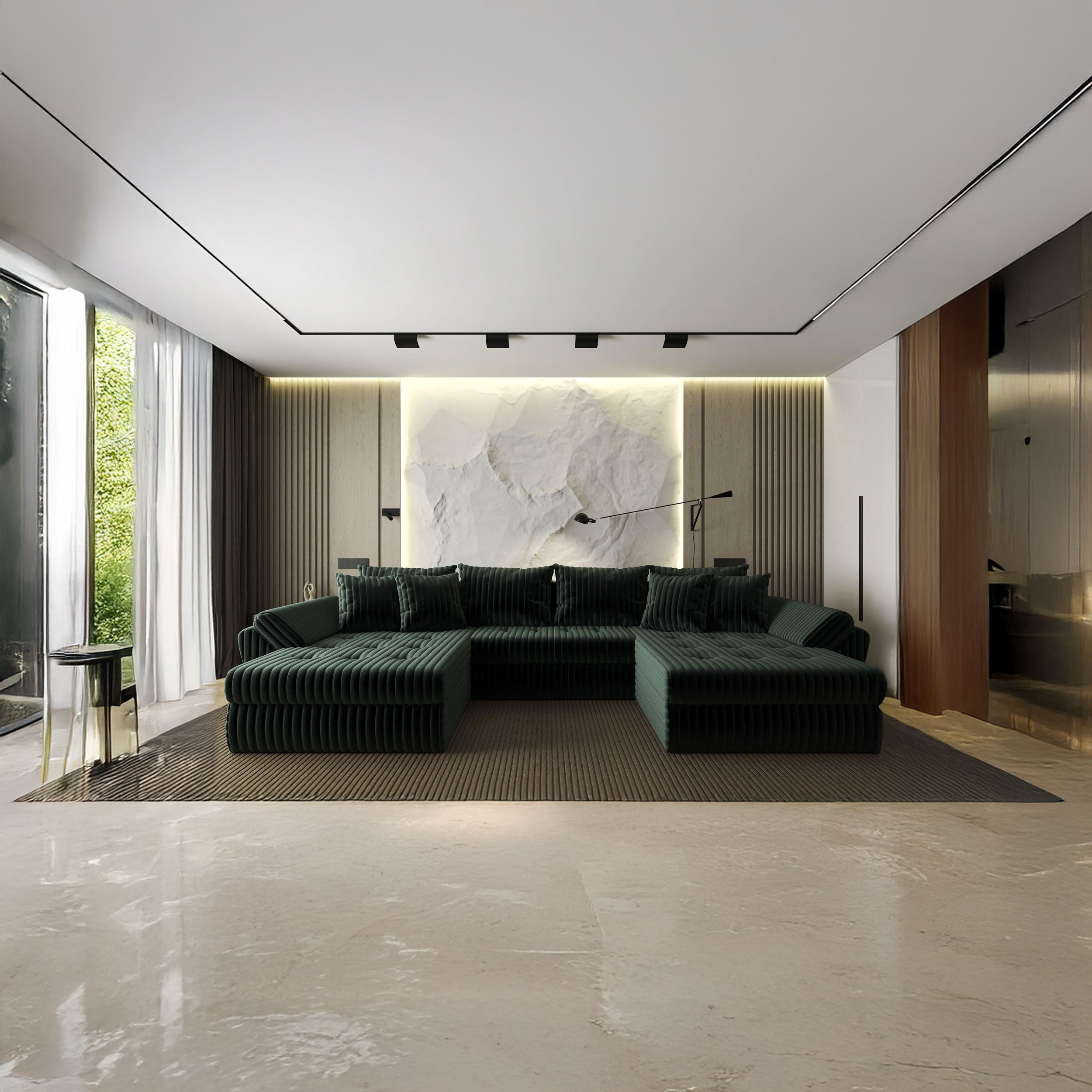 Colțar extensibil dumonde cu ladă de depozitare si sezut confortabil din spuma HR, Loana U Ambience Green 355x185 cm Fabrica