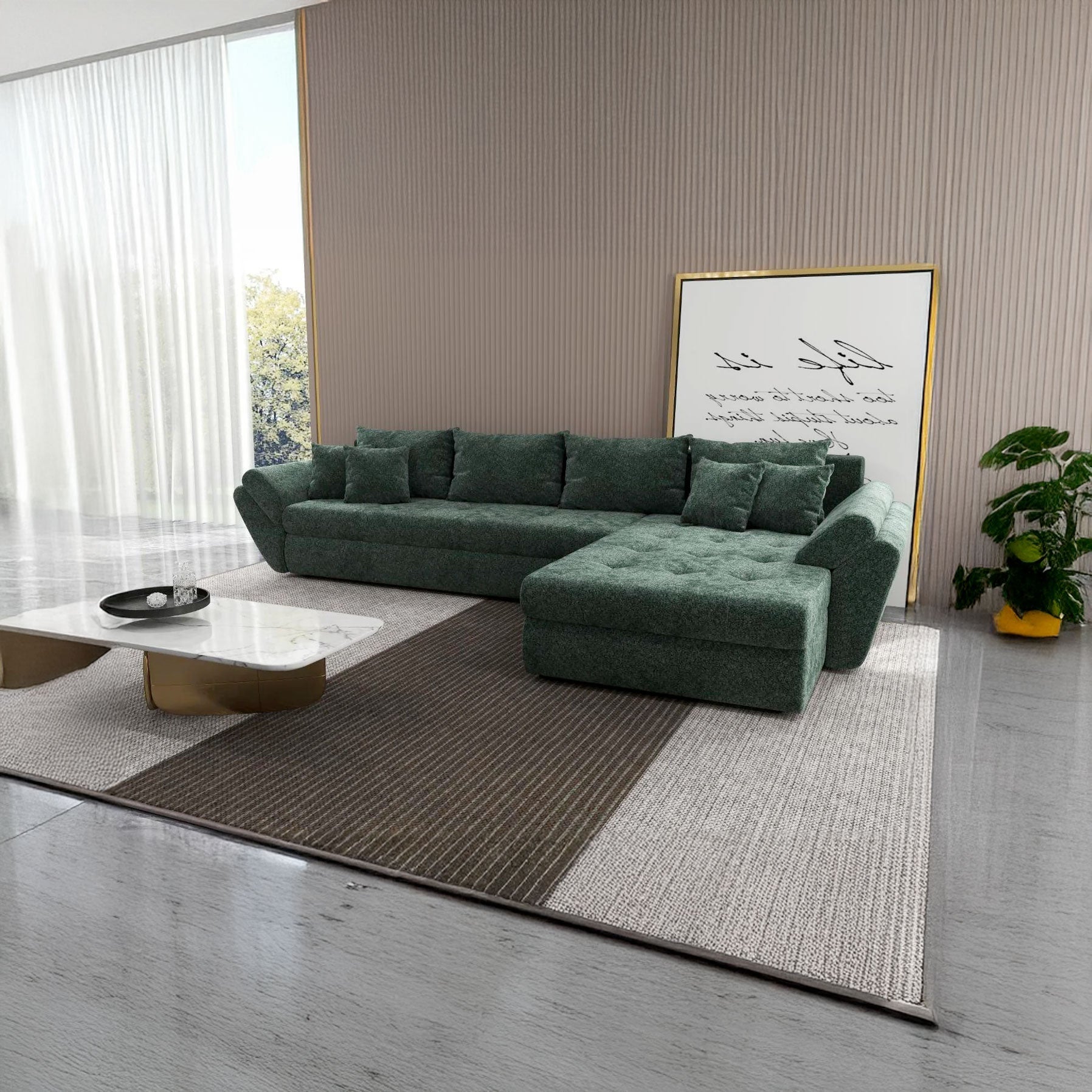 Colțar extensibil dumonde cu ladă de depozitare si sezut confortabil din spuma HR, Loana XL Euphoria Verde II 335x185 cm Fabrica