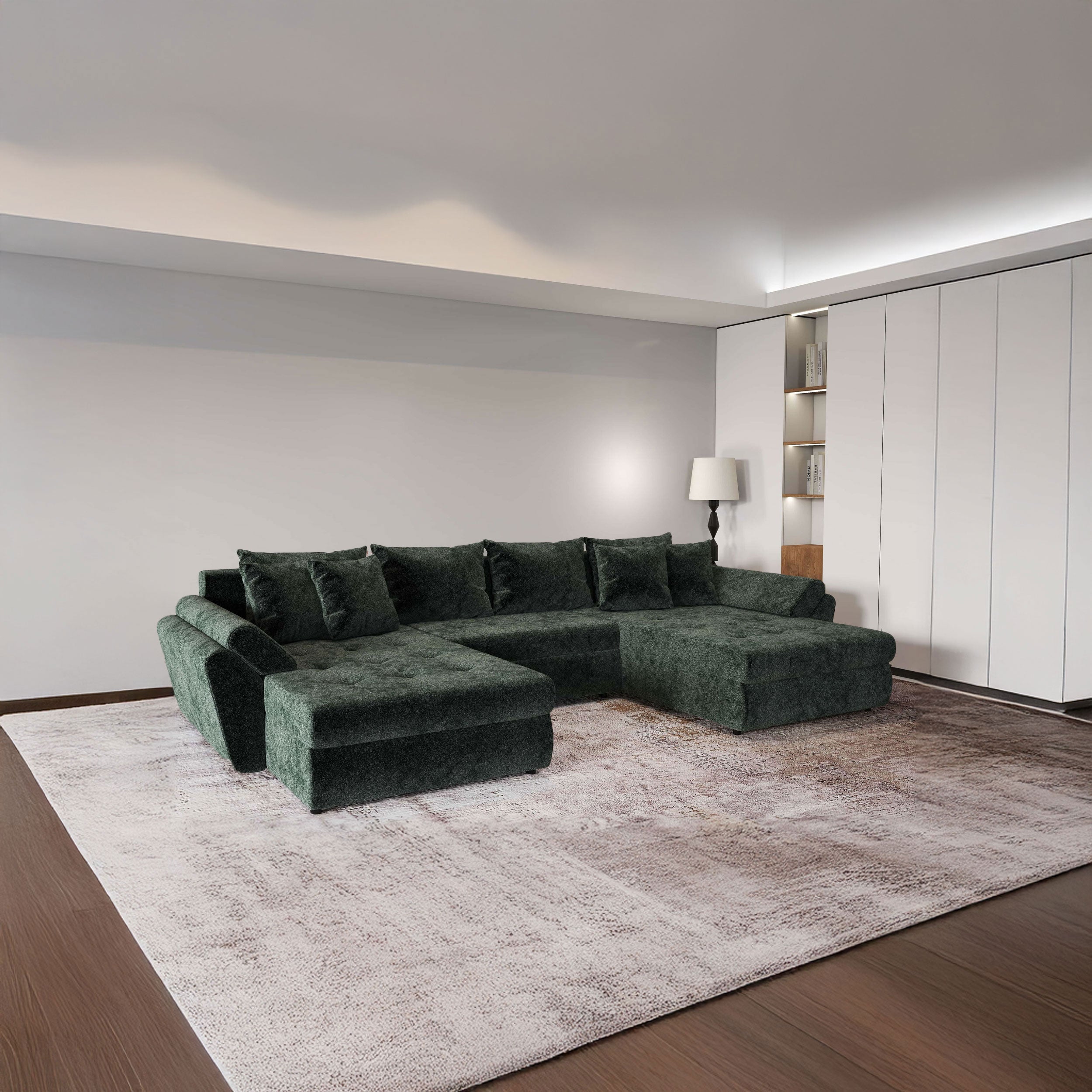 Colțar extensibil dumonde cu ladă de depozitare si sezut confortabil din spuma HR, Loana U Euphoria Green 355x185 cm Fabrica