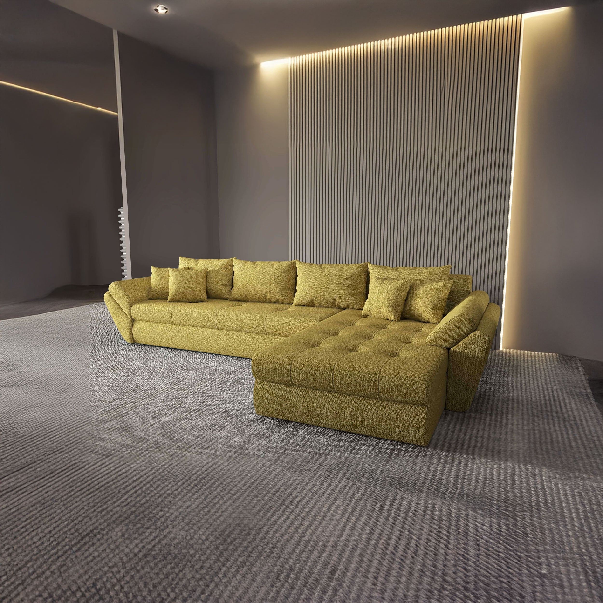 Colțar extensibil dumonde cu ladă de depozitare si sezut confortabil din spuma HR, Loana XL Enjoy Melon II 335x185 cm Fabrica