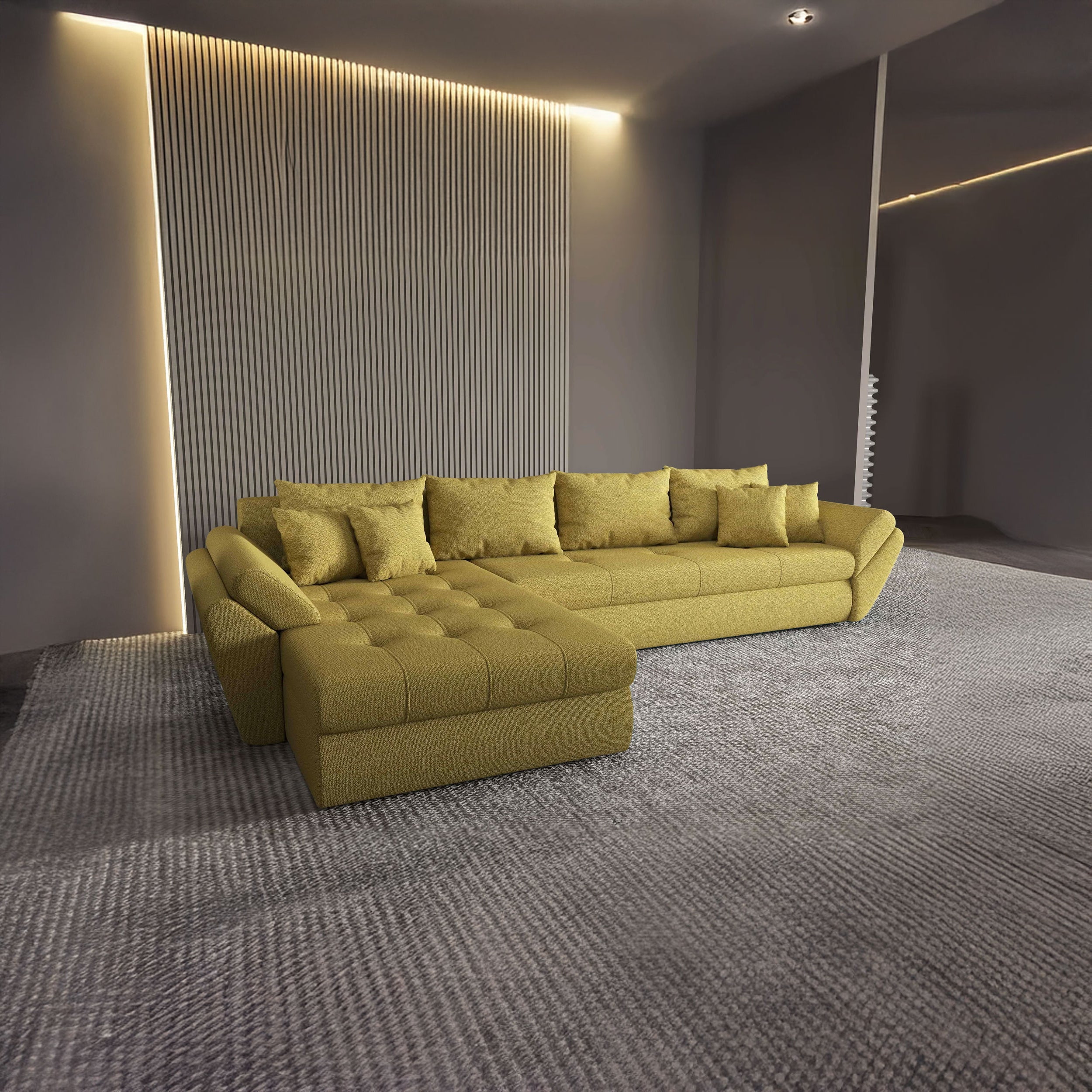 Colțar extensibil dumonde cu ladă de depozitare si sezut confortabil din spuma HR, Loana XL Enjoy Melon 335x185 cm Fabrica