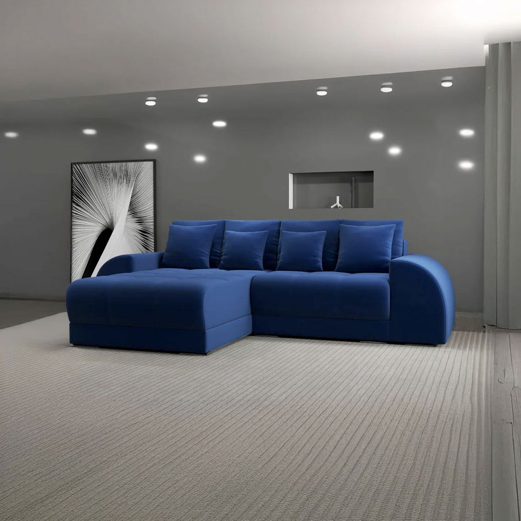 Colțar extensibil dumonde cu ladă de depozitare si sezut confortabil din spuma HR, Verona Royal Albastru 290x185 cm Fabrica