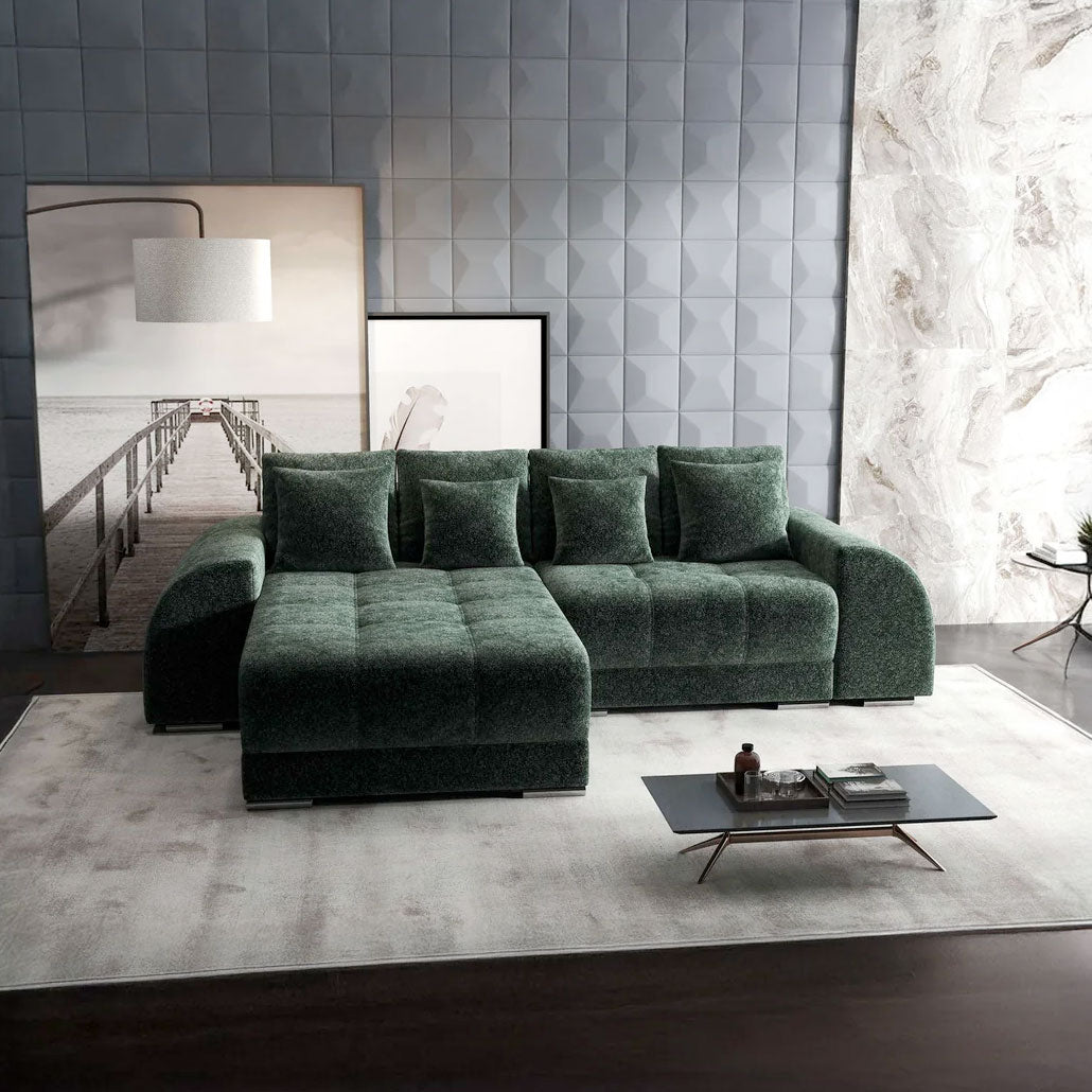 Colțar extensibil dumonde cu ladă de depozitare si sezut confortabil din spuma HR, Verona Euphoria Verde 290x185 cm Fabrica