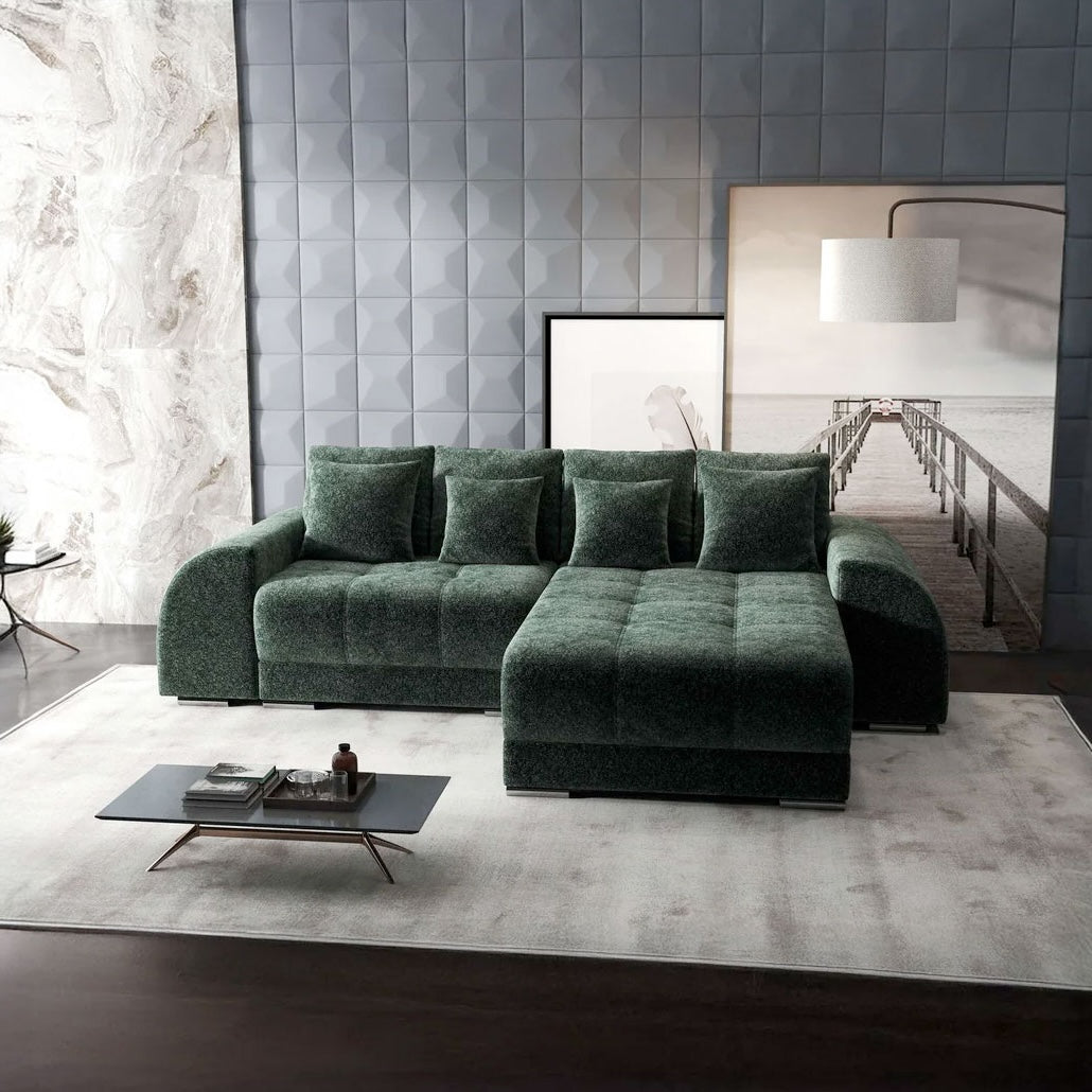 Colțar extensibil dumonde cu ladă de depozitare si sezut confortabil din spuma HR, Verona Euphoria Verde II 290x185 cm Fabrica