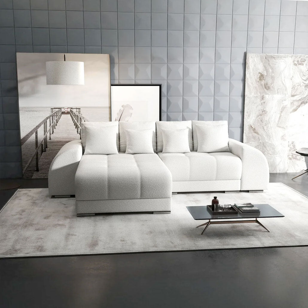 Colțar extensibil dumonde cu ladă de depozitare si sezut confortabil din spuma HR, Verona Euphoria Ivory 290x185 cm Fabrica