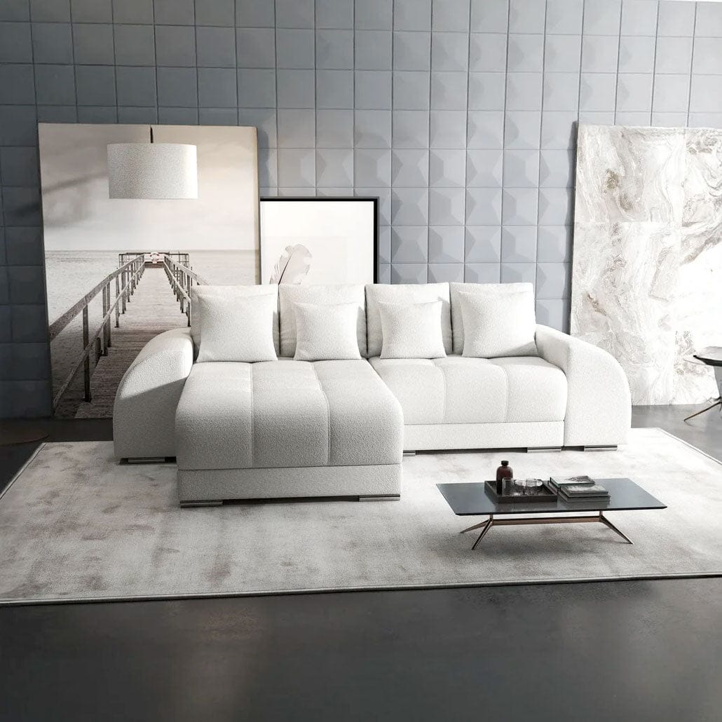 Colțar extensibil dumonde cu ladă de depozitare si sezut confortabil din spuma HR, Verona Euphoria Ivory 290x185 cm Fabrica