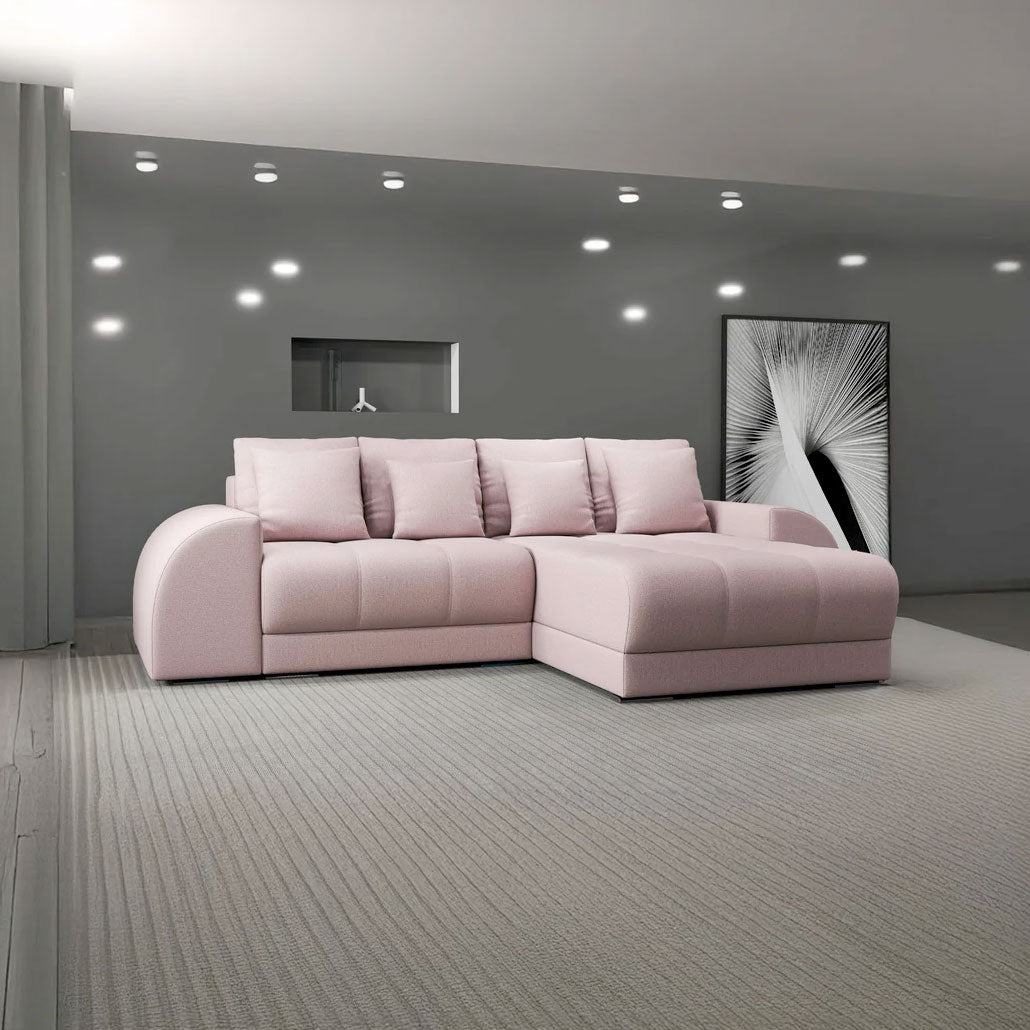 Colțar extensibil dumonde cu ladă de depozitare si sezut confortabil din spuma HR, Verona Enjoy Roz II 290x185 cm Fabrica