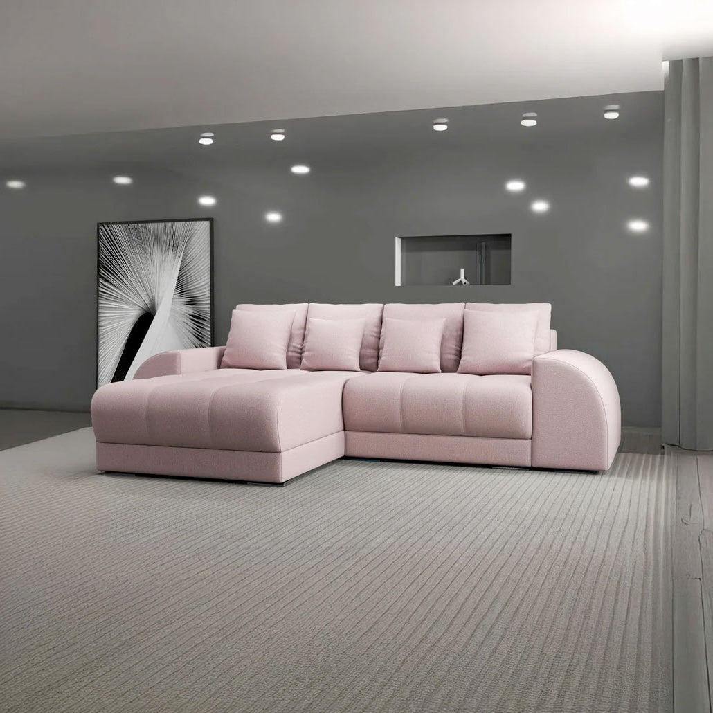 Colțar extensibil dumonde cu ladă de depozitare si sezut confortabil din spuma HR, Verona Enjoy Roz 290x185 cm Fabrica