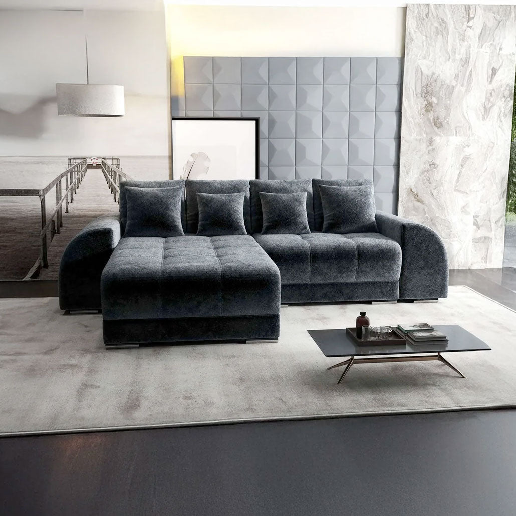 Colțar extensibil dumonde cu ladă de depozitare si sezut confortabil din spuma HR, Verona Euphoria Grafit 290x185 cm Fabrica