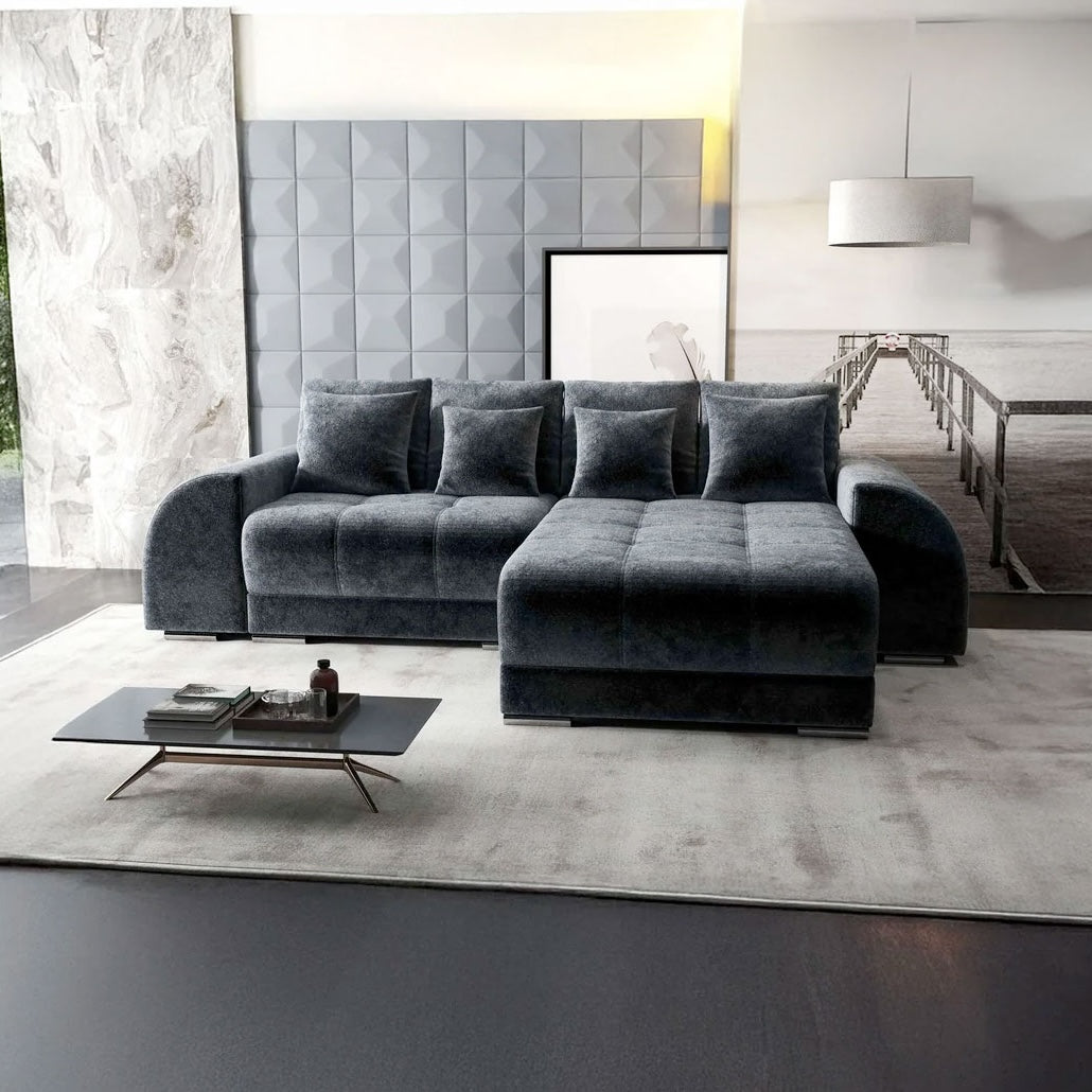 Colțar extensibil dumonde cu ladă de depozitare si sezut confortabil din spuma HR, Verona Euphoria Grafit II 290x185 cm Fabrica