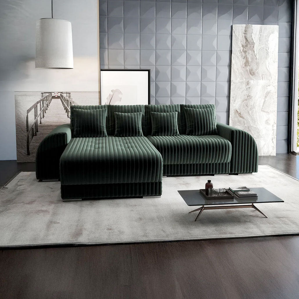 Colțar extensibil dumonde cu ladă de depozitare si sezut confortabil din spuma HR, Verona Ambience Verde 290x185 cm Fabrica