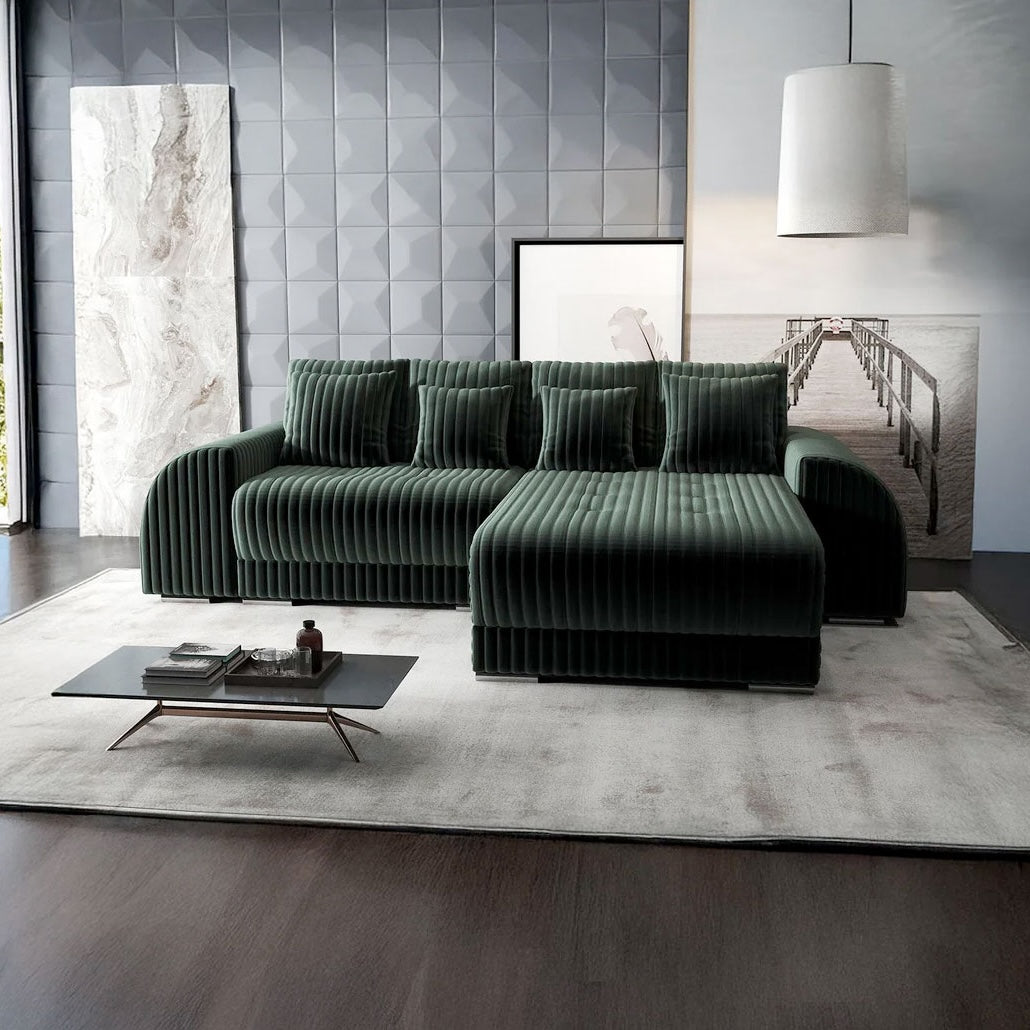 Colțar extensibil dumonde cu ladă de depozitare si sezut confortabil din spuma HR, Verona Ambience Verde II 290x185 cm Fabrica