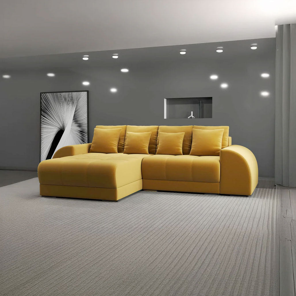 Colțar extensibil dumonde cu ladă de depozitare si sezut confortabil din spuma HR, Verona Royal Mustar 290x185 cm Fabrica