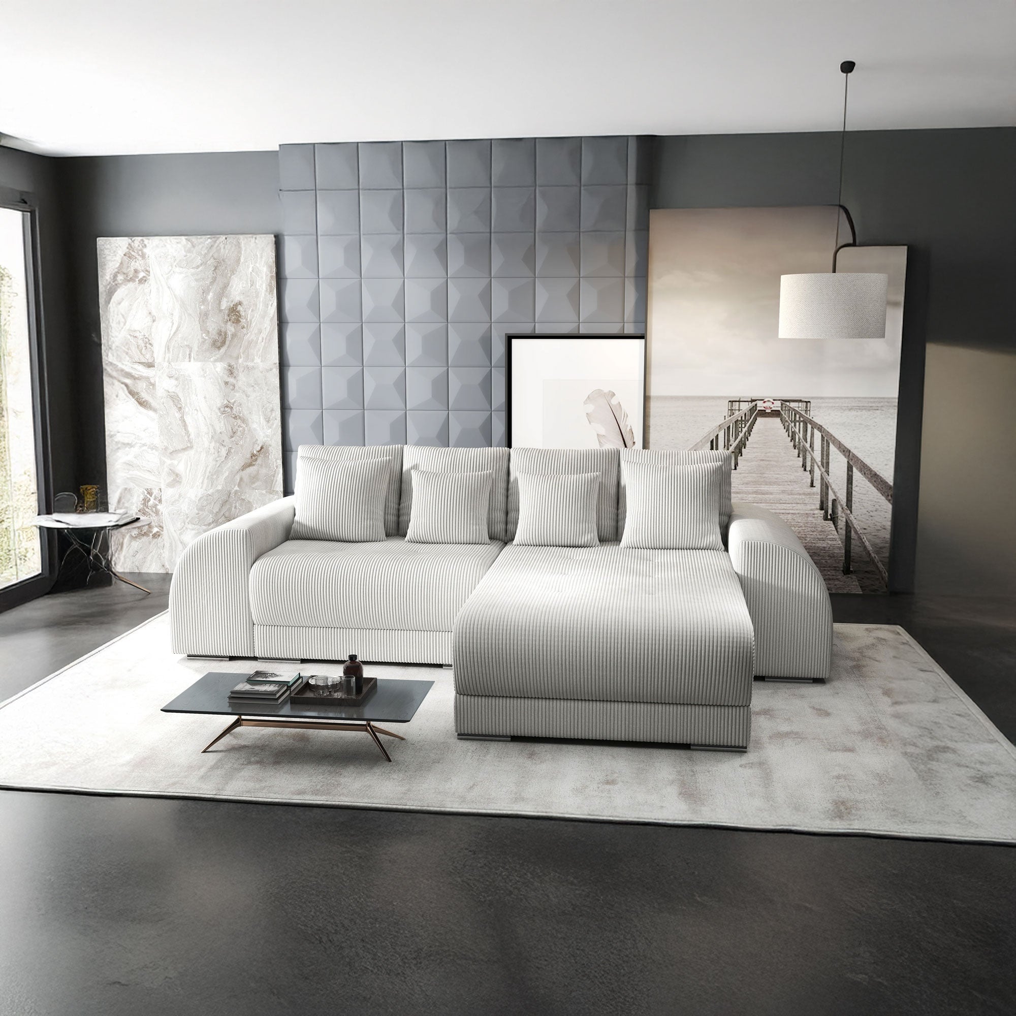 Colțar extensibil dumonde cu ladă de depozitare si sezut confortabil din spuma HR, Verona Zoom Crem II 290x185 cm Fabrica