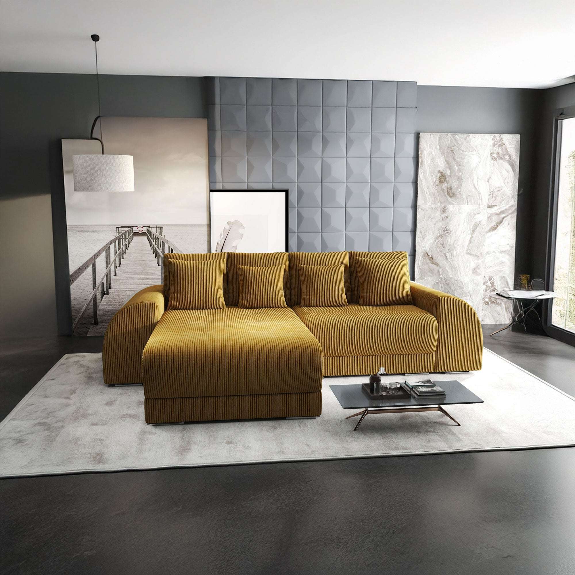 Colțar extensibil dumonde cu ladă de depozitare si sezut confortabil din spuma HR, Verona Zoom Mustar 290x185 cm Fabrica