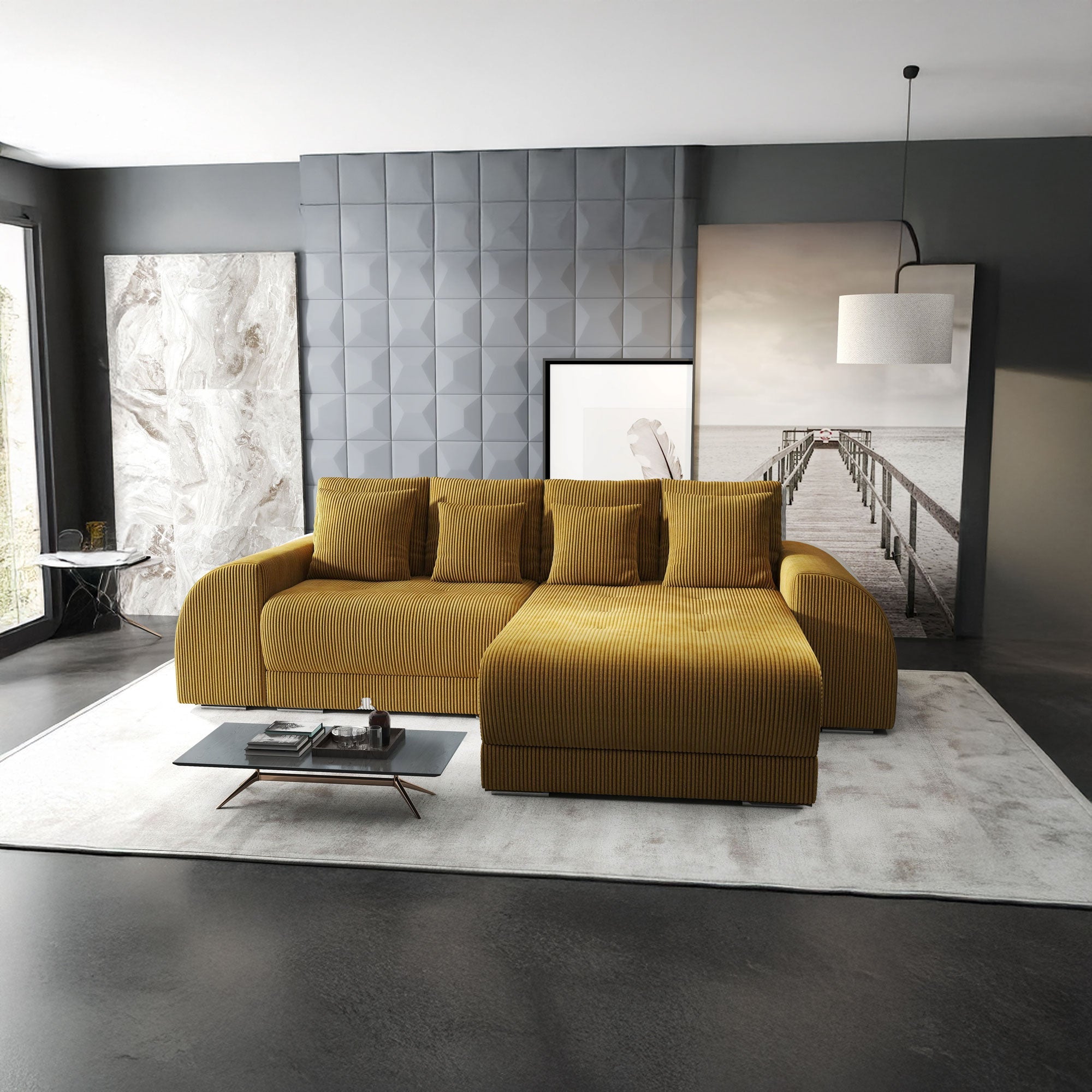 Colțar extensibil dumonde cu ladă de depozitare si sezut confortabil din spuma HR, Verona Zoom Mustar II 290x185 cm Fabrica