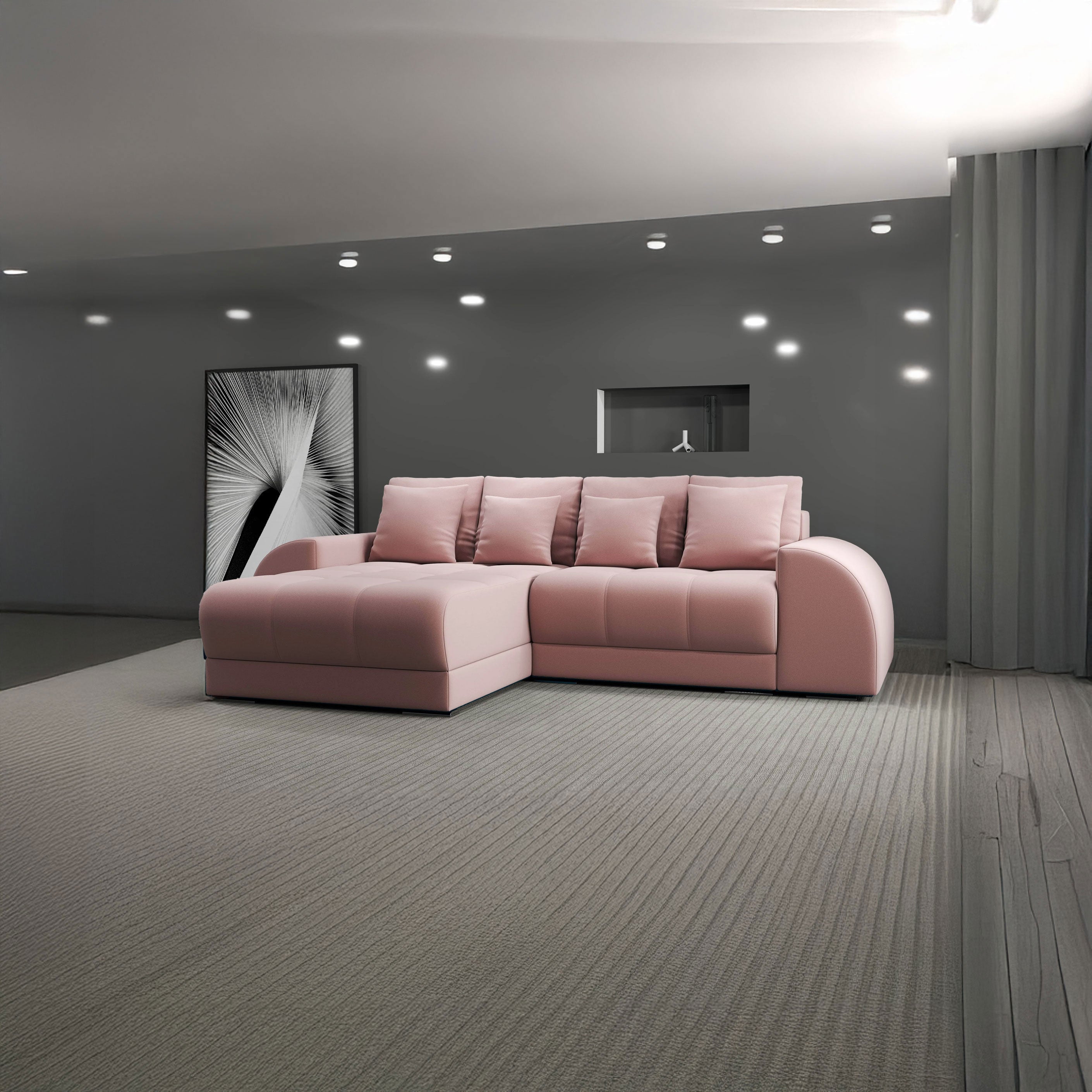 Colțar extensibil dumonde cu ladă de depozitare si sezut confortabil din spuma HR, Verona Royal Roz 290x185 cm Fabrica