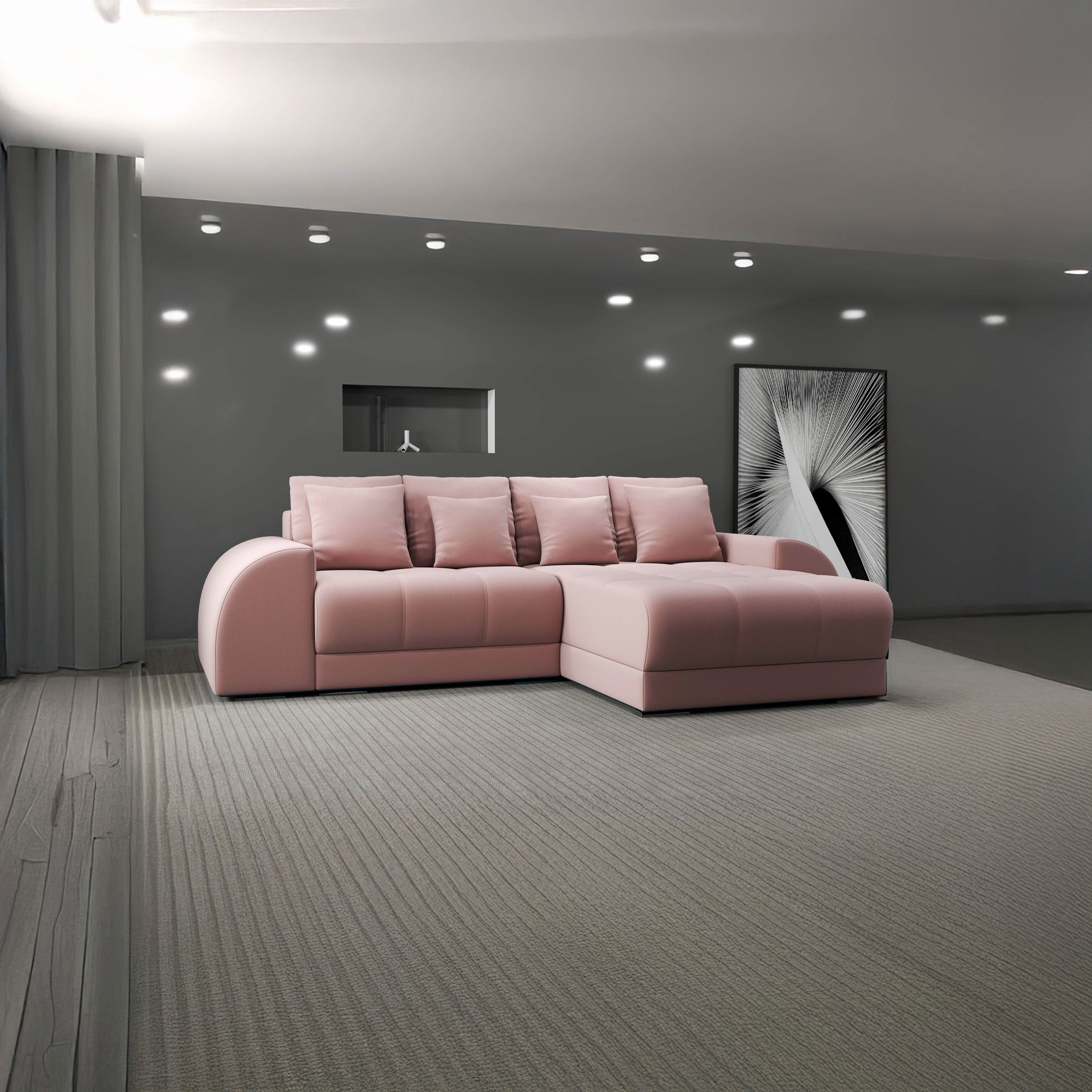 Colțar extensibil dumonde cu ladă de depozitare si sezut confortabil din spuma HR, Verona Royal Roz II 290x185 cm Fabrica