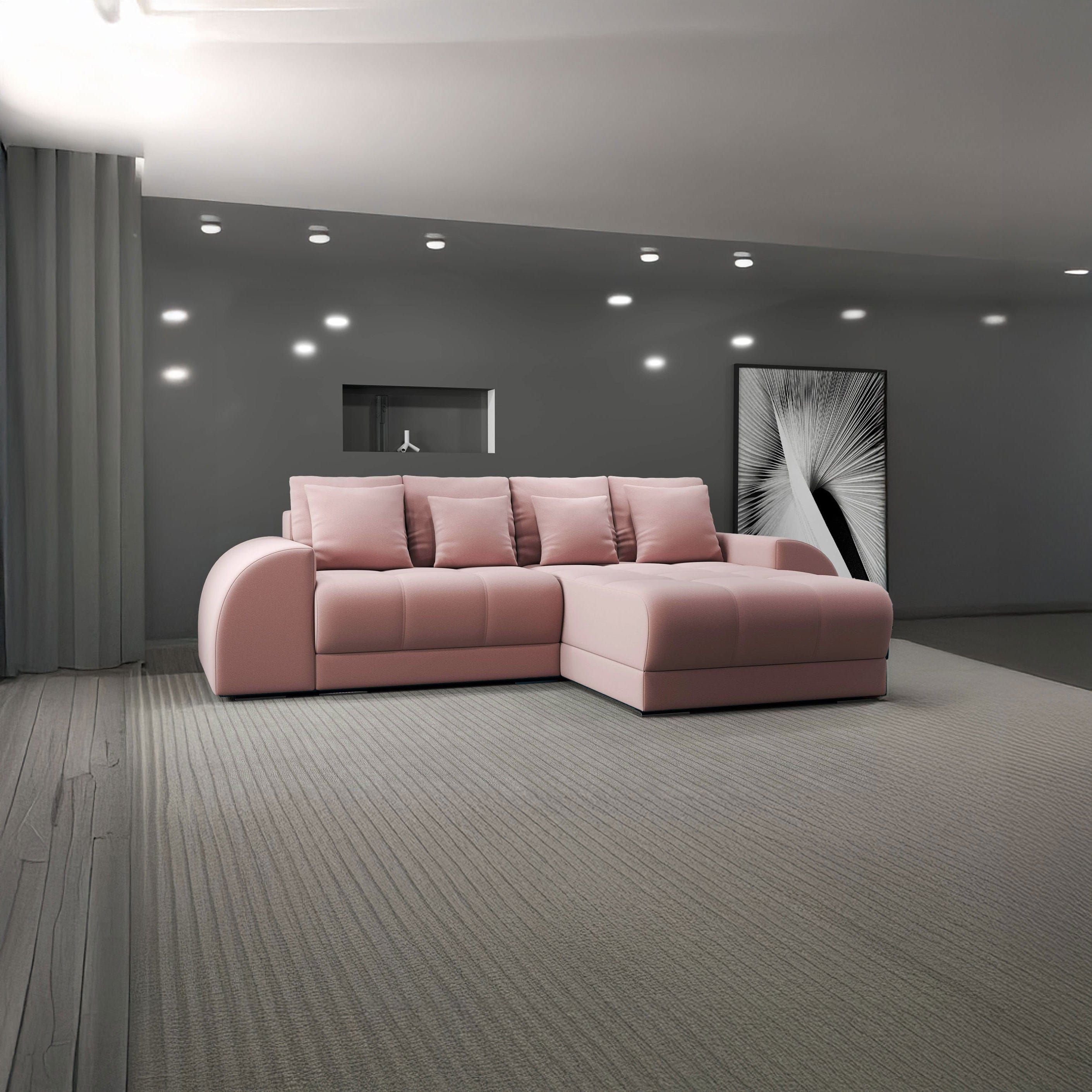 Colțar extensibil dumonde cu ladă de depozitare si sezut confortabil din spuma HR, Verona Royal Roz II 290x185 cm Fabrica