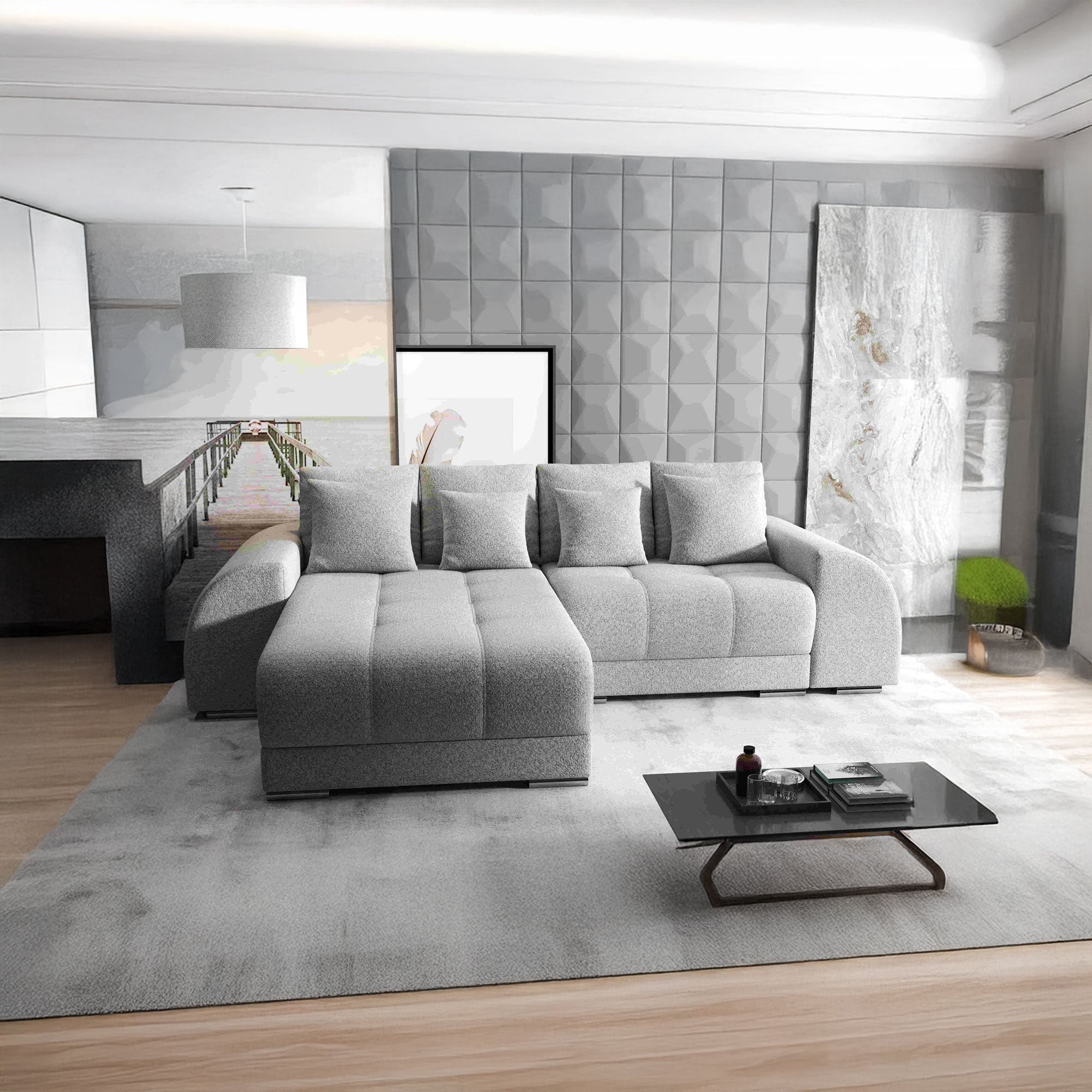 Colțar extensibil dumonde cu ladă de depozitare si sezut confortabil din spuma HR, Verona Euphoria Dove 290x185 cm Fabrica