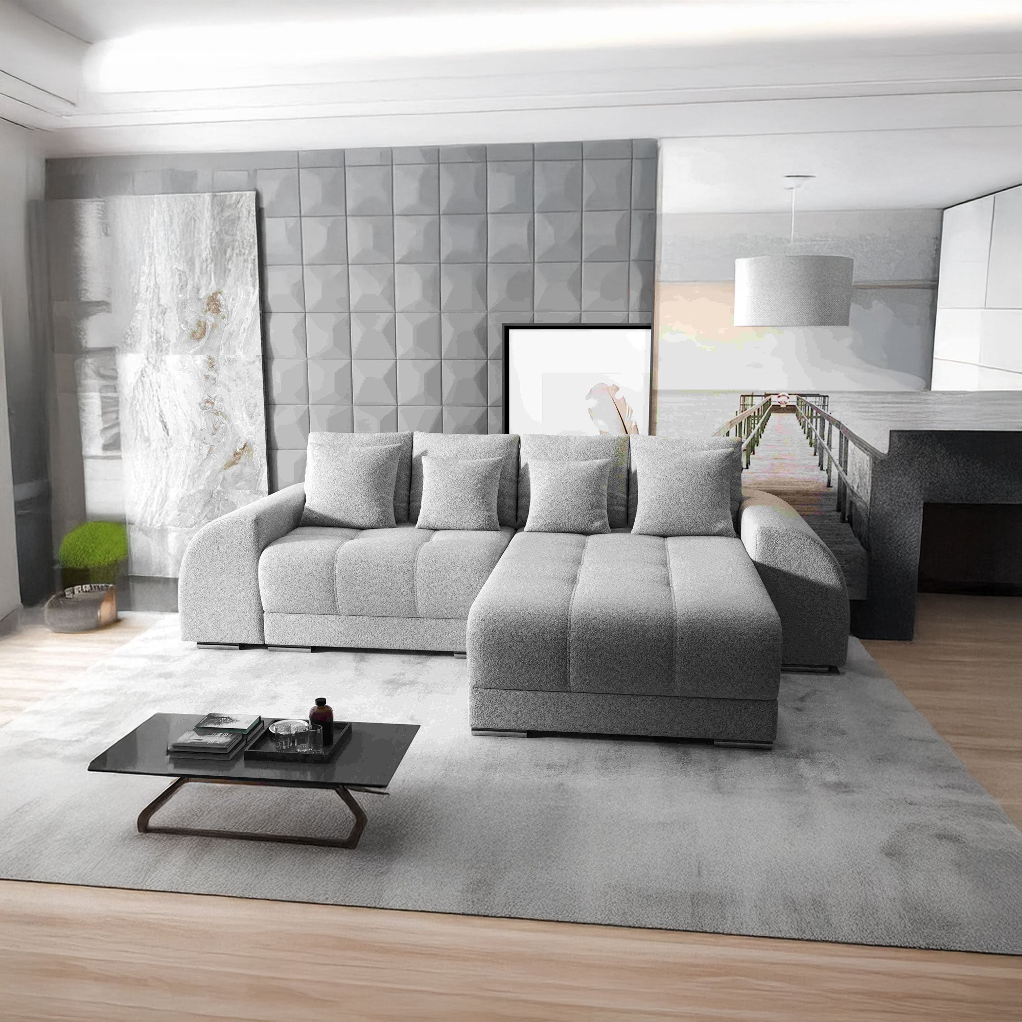 Colțar extensibil dumonde cu ladă de depozitare si sezut confortabil din spuma HR, Verona Euphoria Dove II 290x185 cm Fabrica