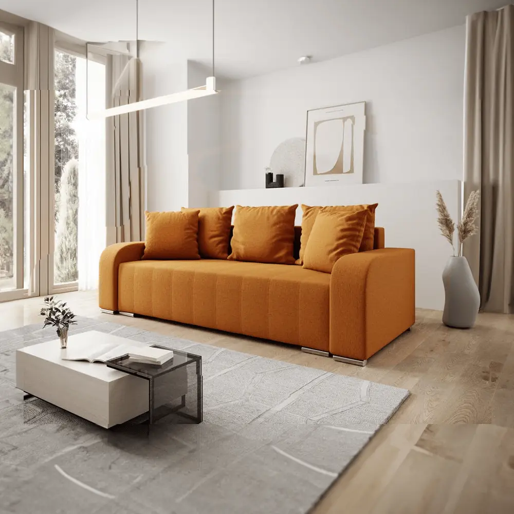 Canapea extensibilă dumonde cu ladă de depozitare si sezut confortabil din spuma HR, Sofia Enjoy Mango 240x100 cm Fabrica