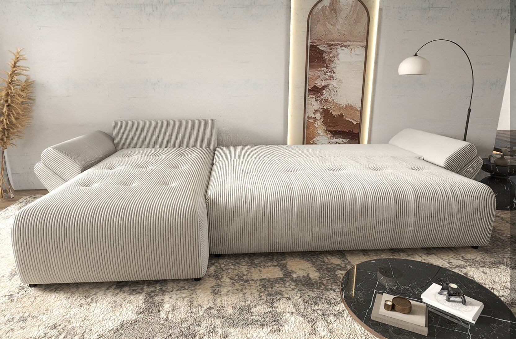 Colțar extensibil dumonde cu ladă de depozitare si sezut confortabil din spuma HR, Berlin XL Zoom Crem 350x185 cm