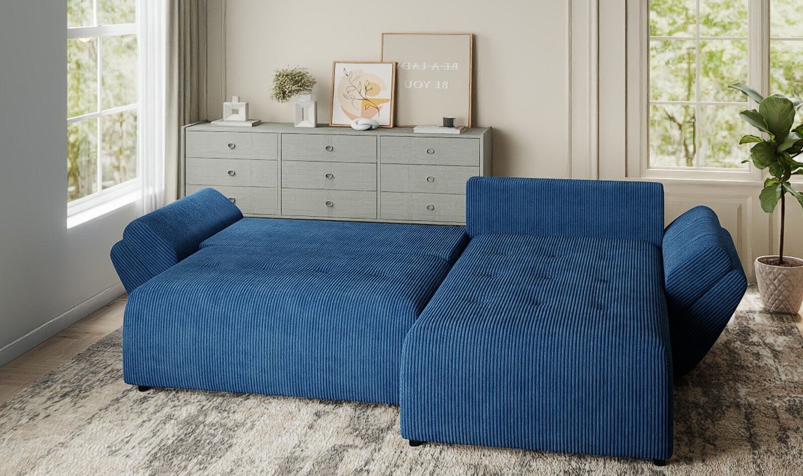 Colțar extensibil dumonde cu ladă de depozitare si sezut confortabil din spuma HR, Berlin Zoom Albastru 280x185 cm II