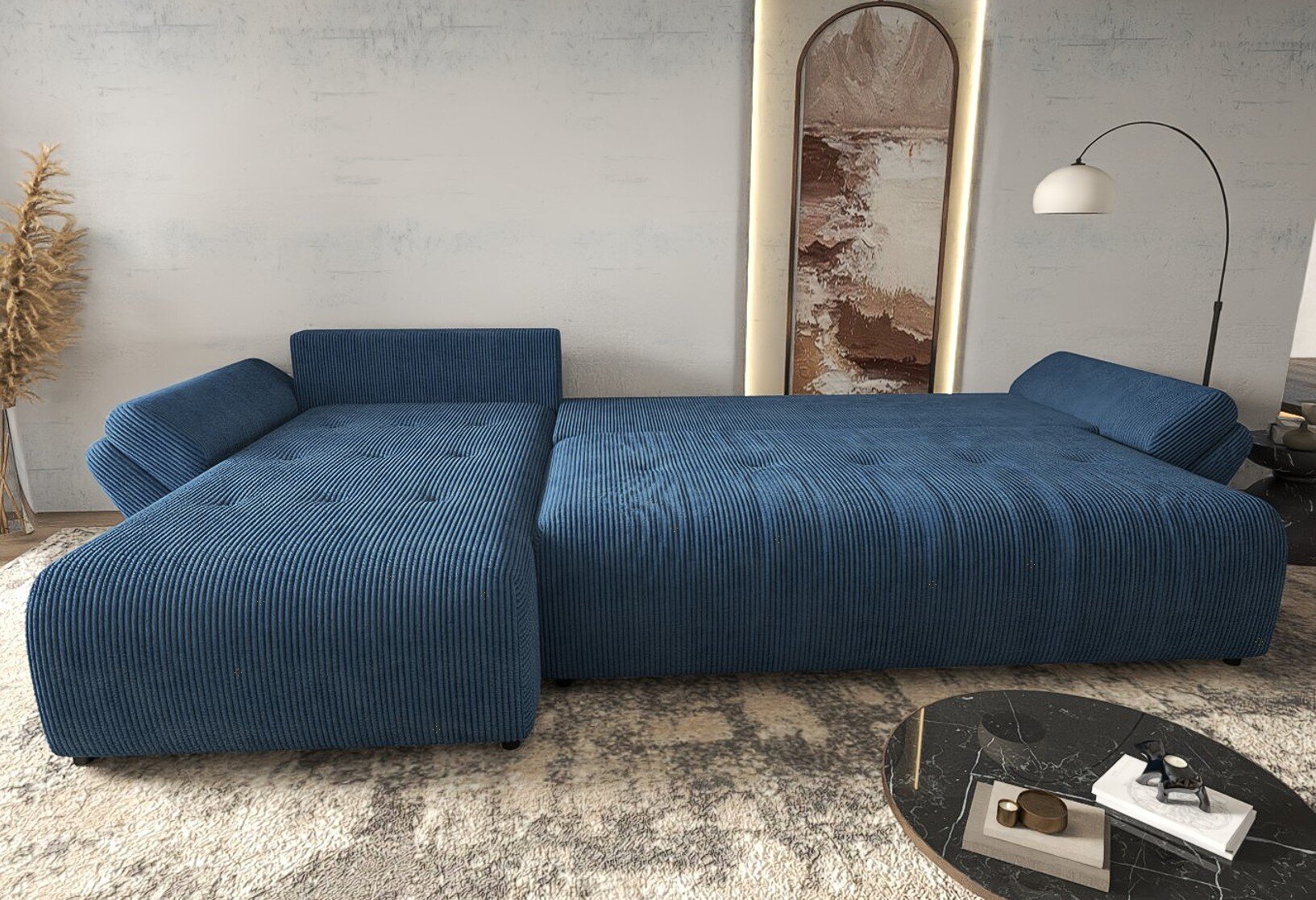 Colțar extensibil dumonde cu ladă de depozitare si sezut confortabil din spuma HR, Berlin XL Zoom Blue 350x185 cm