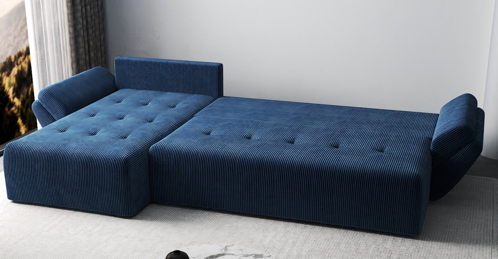 Colțar extensibil dumonde cu ladă de depozitare si sezut confortabil din spuma HR, Berlin XL Zoom Blue 350x185 cm Fabrica