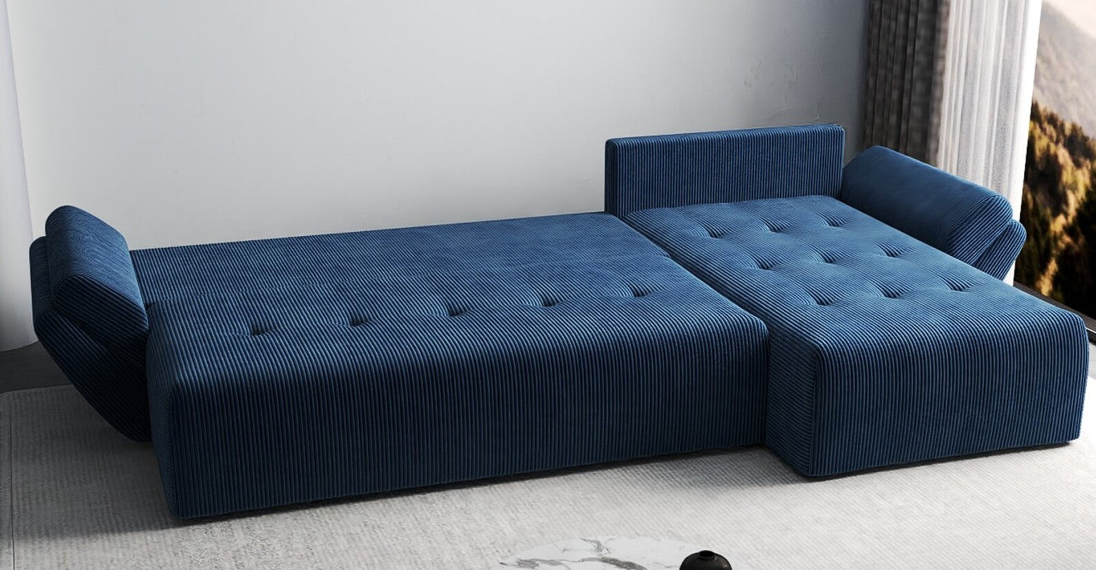 Colțar extensibil dumonde cu ladă de depozitare si sezut confortabil din spuma HR, Berlin XL Zoom Blue 350x185 cm II Fabrica