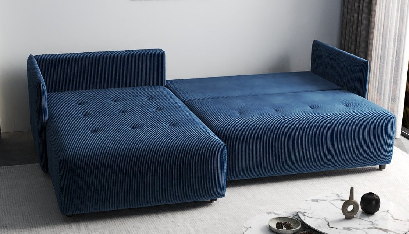 Colțar extensibil dumonde cu ladă de depozitare si sezut confortabil din spuma HR, Malta Zoom Blue II 235x185 cm Fabrica