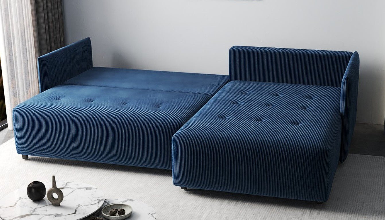 Colțar extensibil dumonde cu ladă de depozitare si sezut confortabil din spuma HR, Malta Zoom Blue 235x185 cm Fabrica