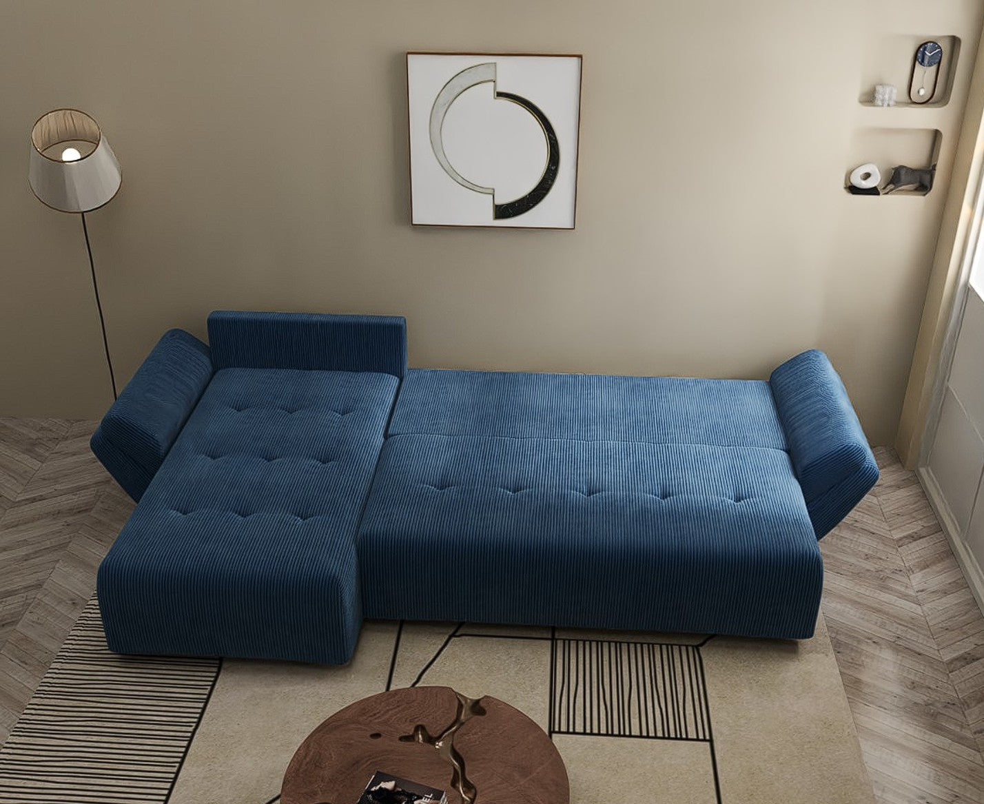 Colțar extensibil dumonde cu ladă de depozitare si sezut confortabil din spuma HR, Berlin XL Zoom Blue 350x185 cm Fabrica