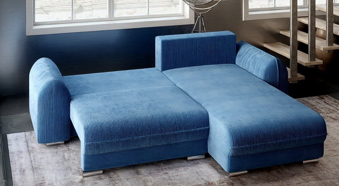 Colțar extensibil dumonde cu ladă de depozitare si sezut confortabil din spuma HR, Denver Zoom Albastru 275x185 cm II Fabrica