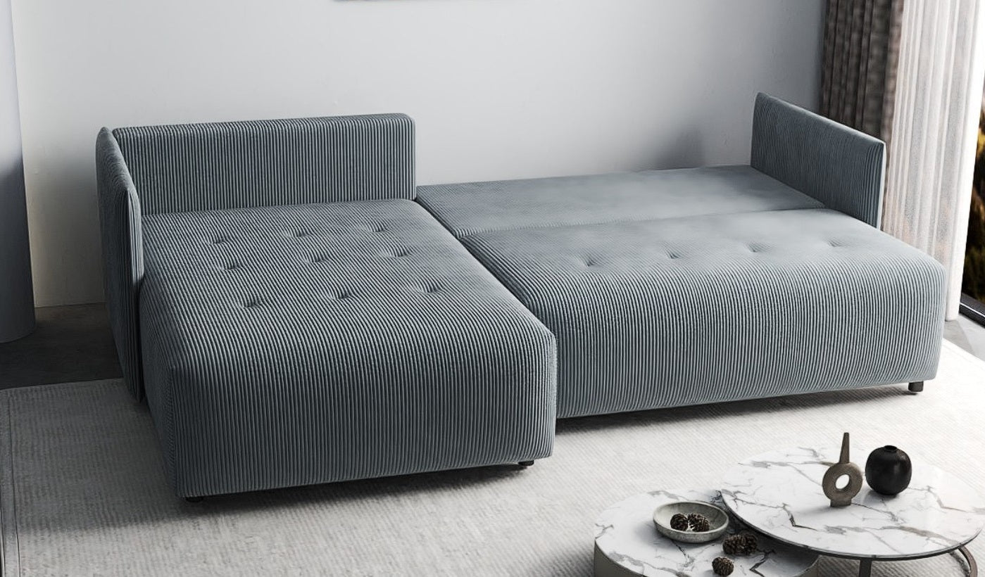 Colțar extensibil dumonde cu ladă de depozitare si sezut confortabil din spuma HR, Malta Zoom Grey 235x185 cm Fabrica