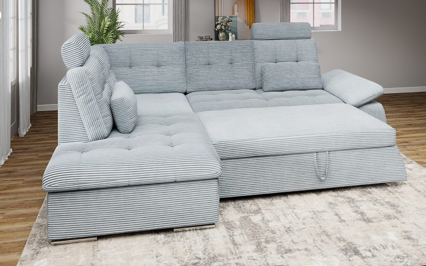 Colțar extensibil dumonde cu ladă de depozitare și șezut confortabil din spumă HR, Merkur XL Zoom Gri Mint 256x217 cm