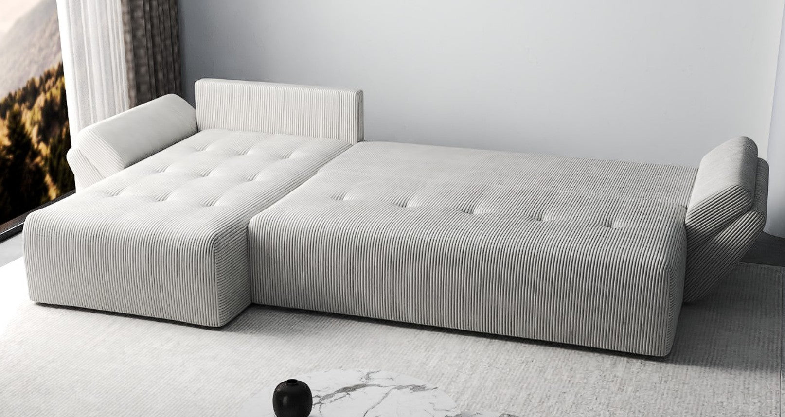 Colțar extensibil dumonde cu ladă de depozitare si sezut confortabil din spuma HR, Berlin XL Zoom Crem 350x185 cm Fabrica